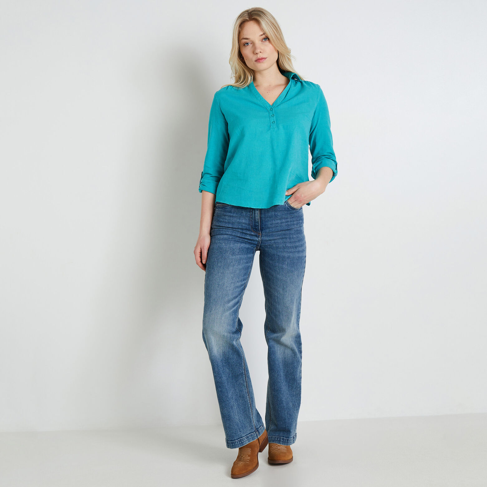 Blouse en coton et lin femme TURQUOISE Blouse en coton et lin femme TURQUOISE