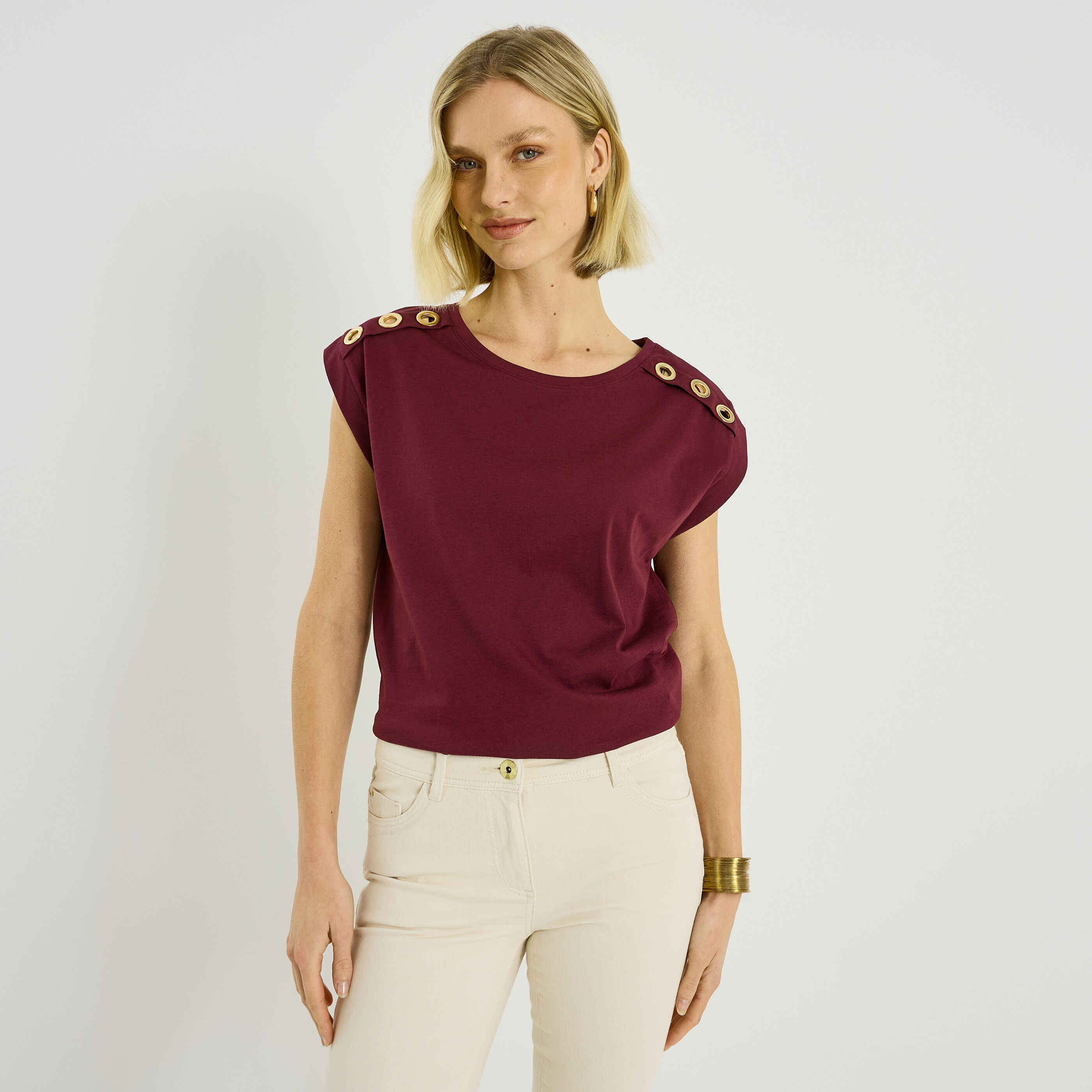 T-shirt col rond avec &oelig;illets femme