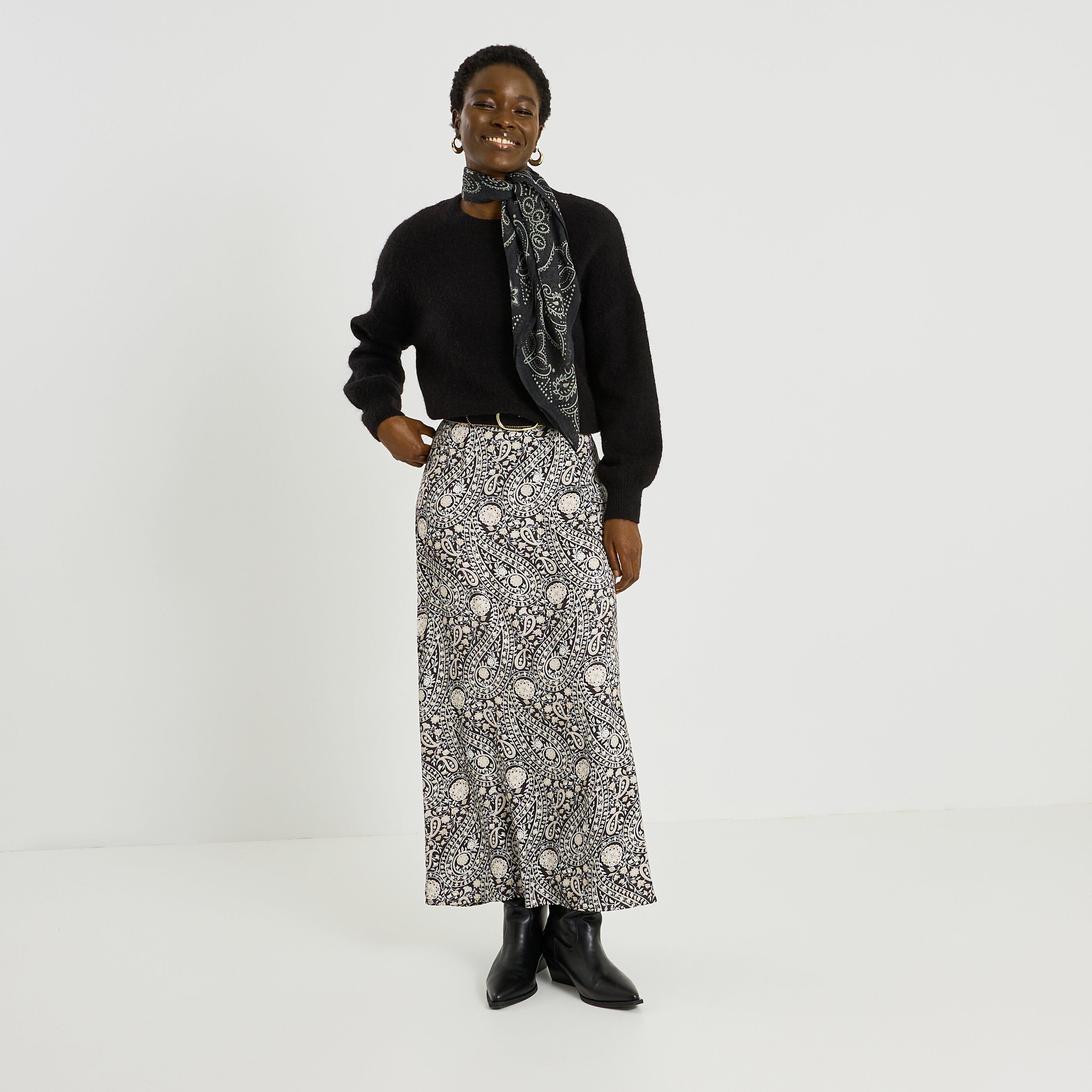 Jupe longue imprim&eacute;e en satin