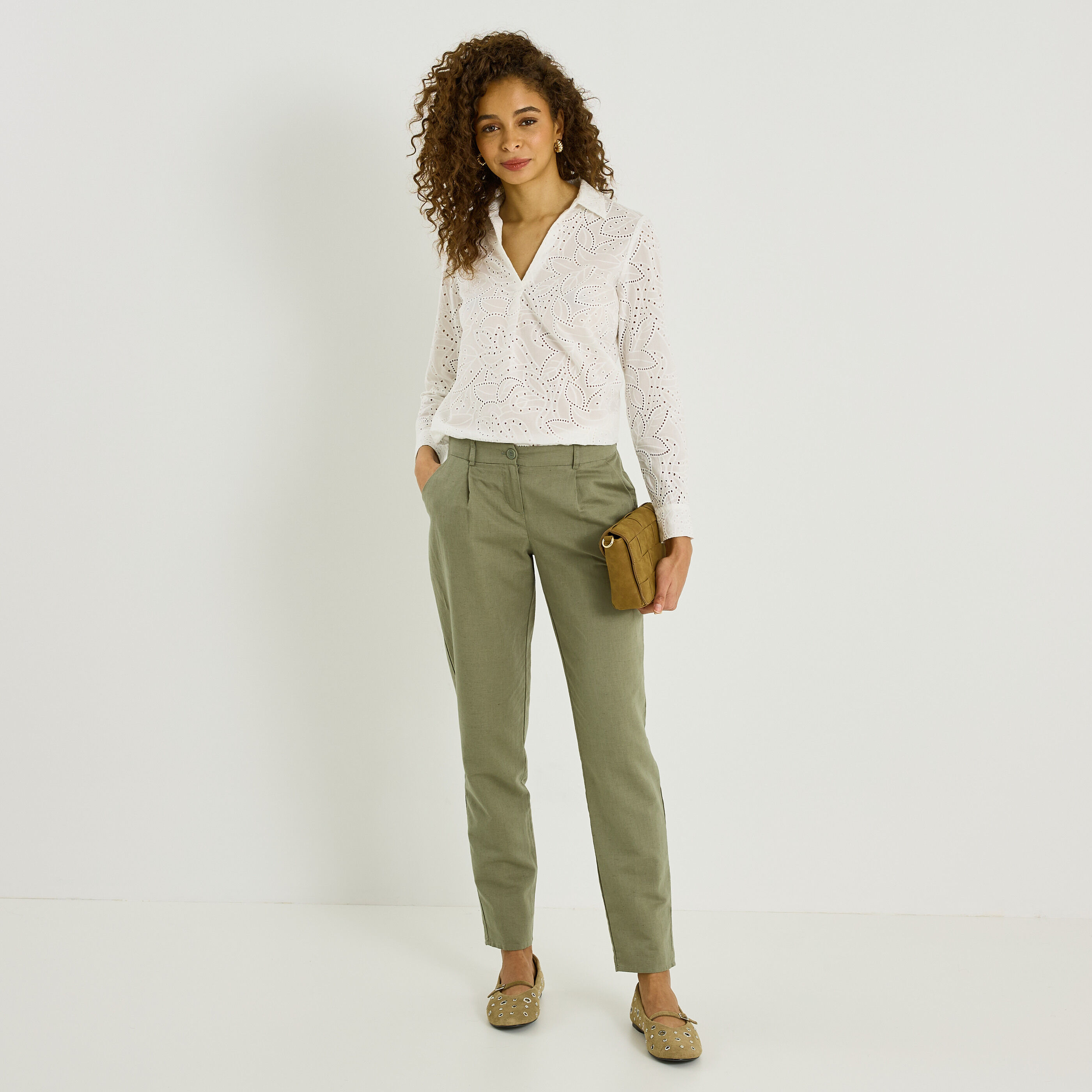 Pantalon &agrave; plis en lin m&eacute;lang&eacute; femme