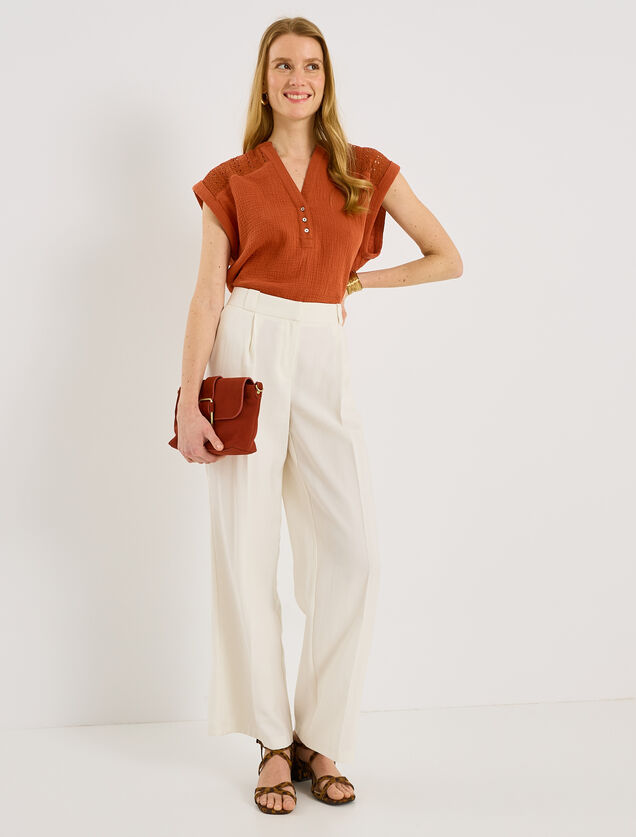 Blouse en gaze de coton &agrave; col V femme