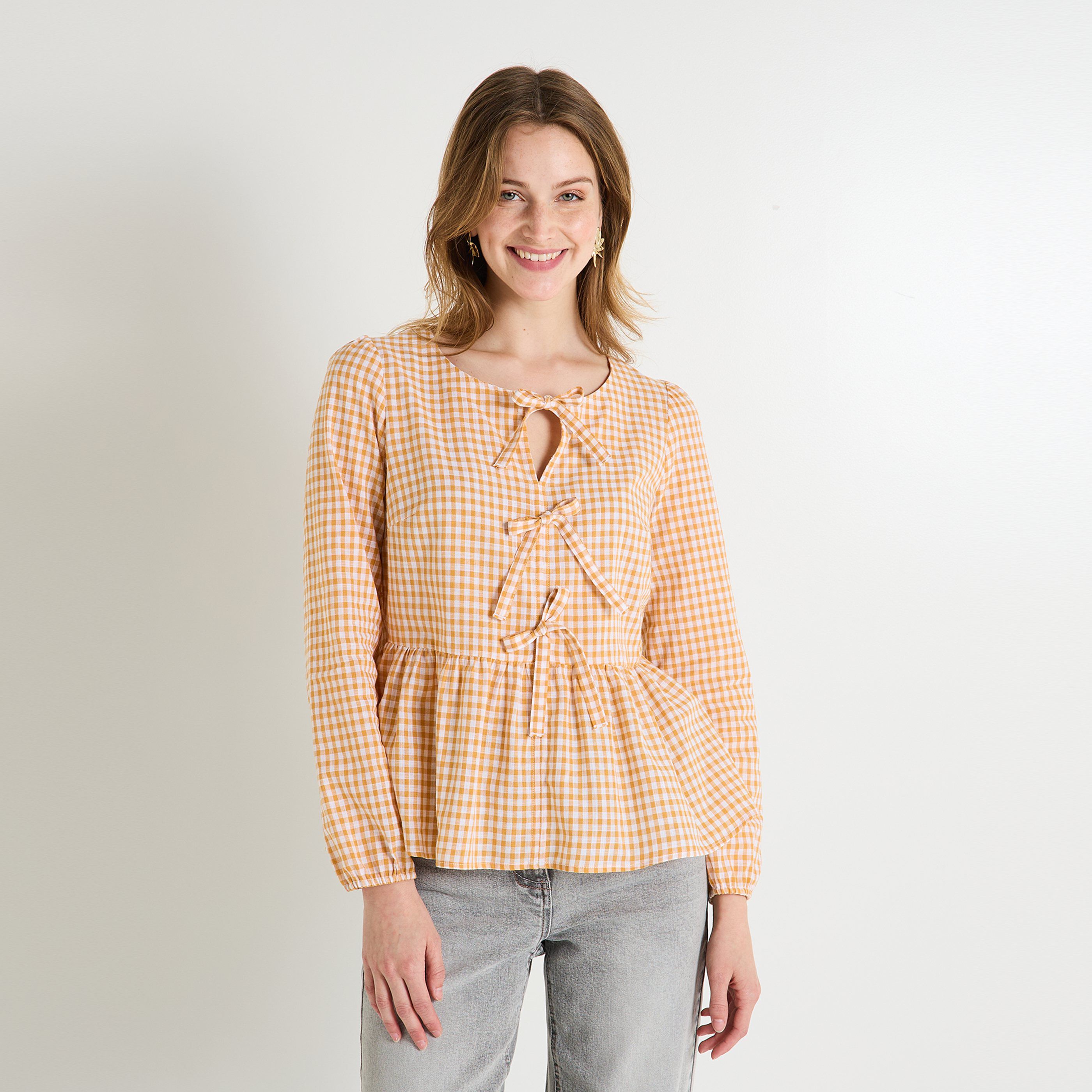Blouse vichy &agrave; n&oelig;uds femme