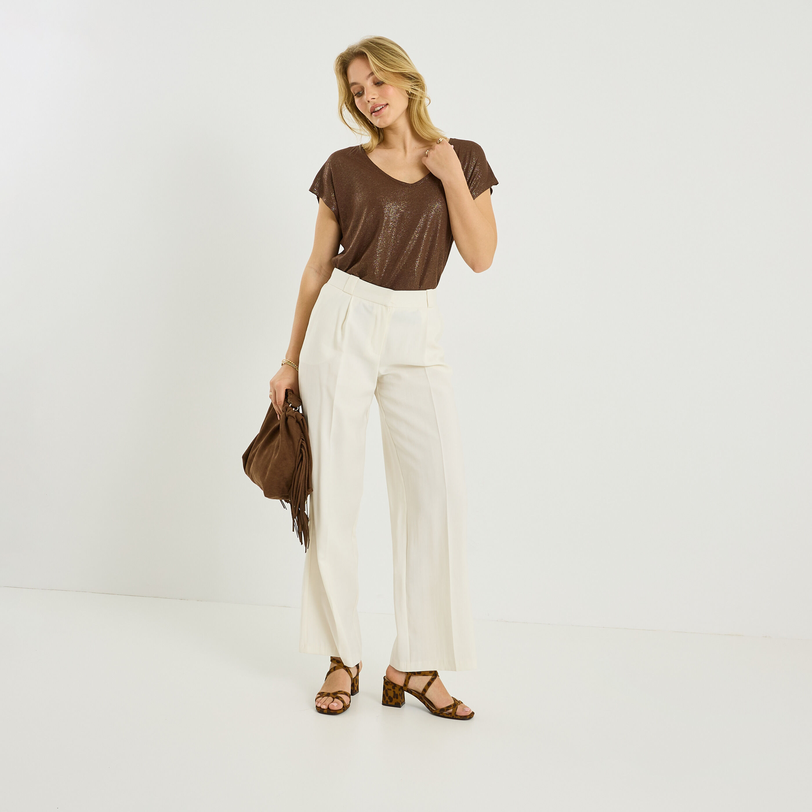 T-shirt en lin m&eacute;lang&eacute; brillant femme