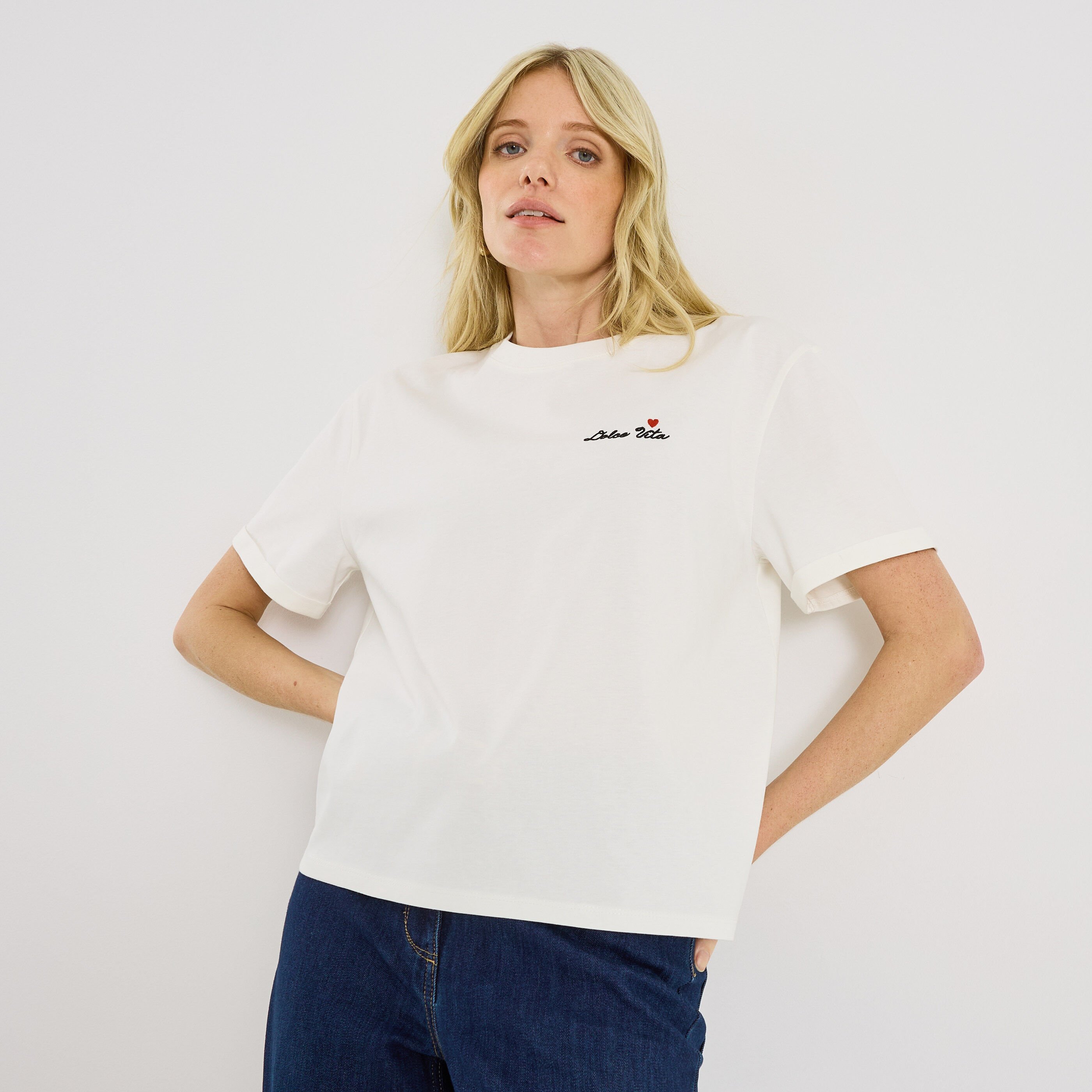 T-shirt col rond broderie femme
