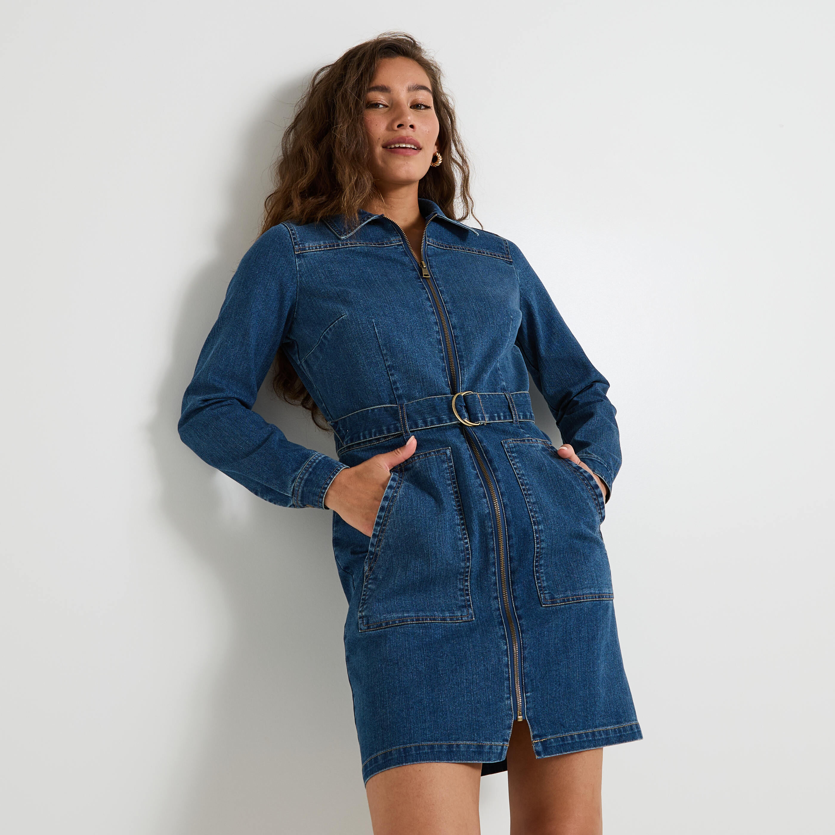 Robe en denim &agrave; manches longues