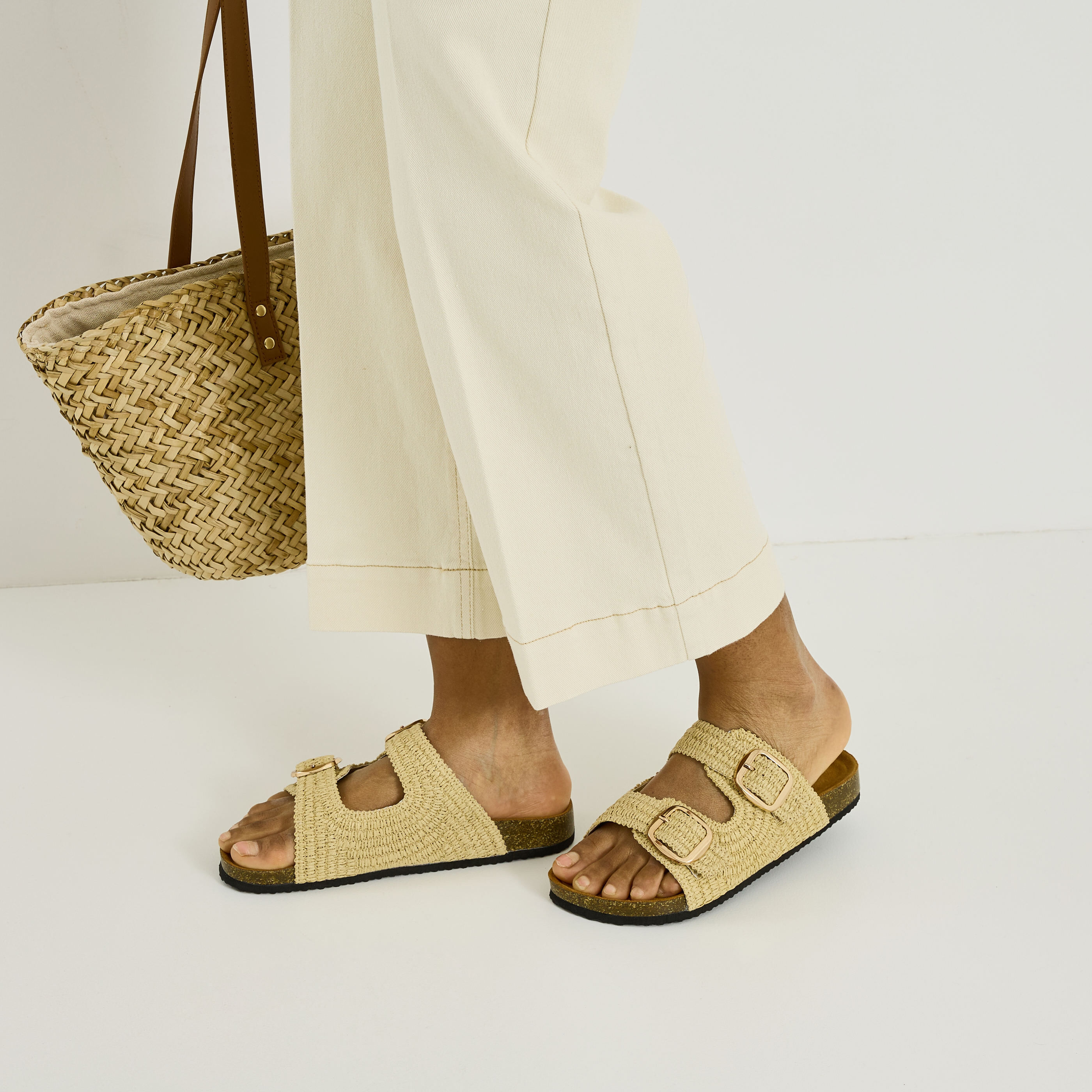 Mules plates imitation paille femme