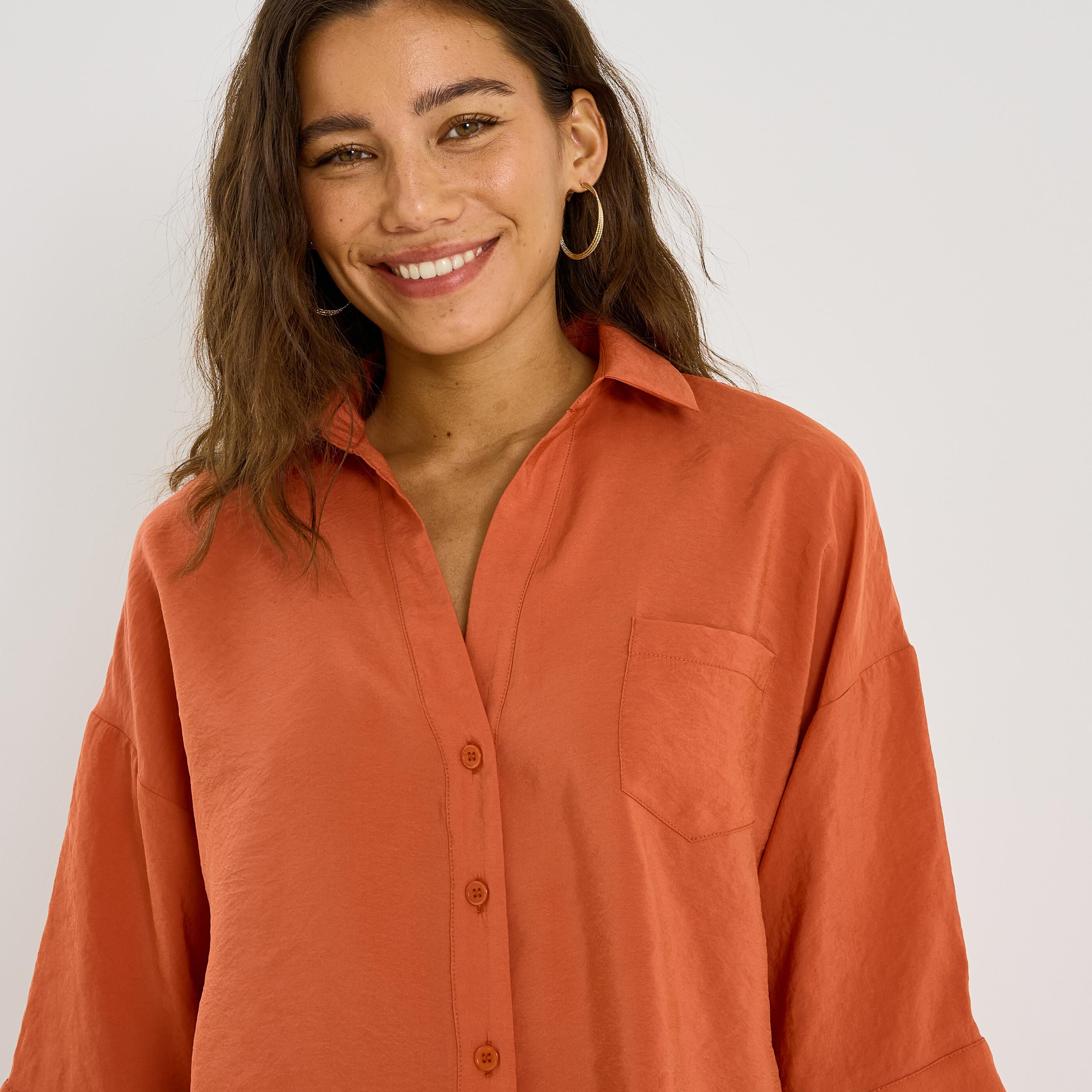 Chemise fluide unie &agrave; manches 3/4 femme