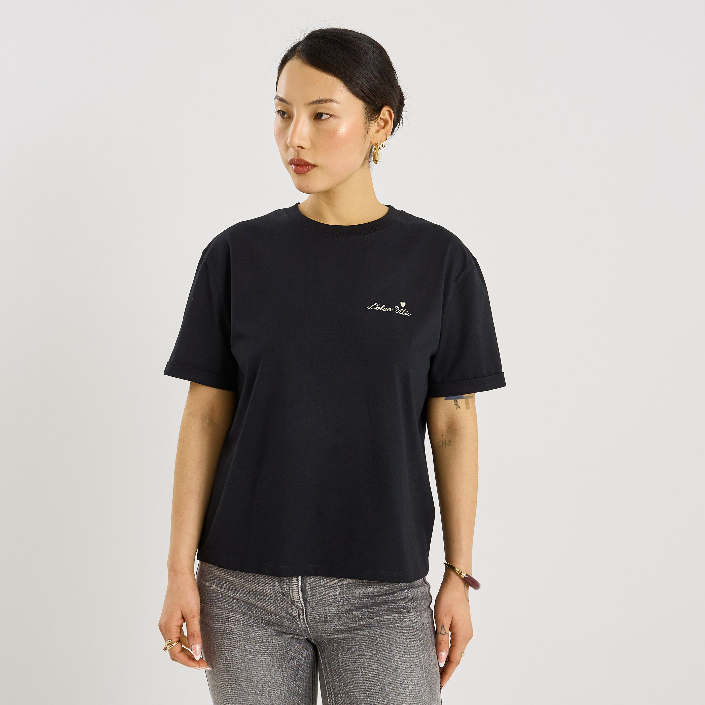 T-shirt col rond broderie femme