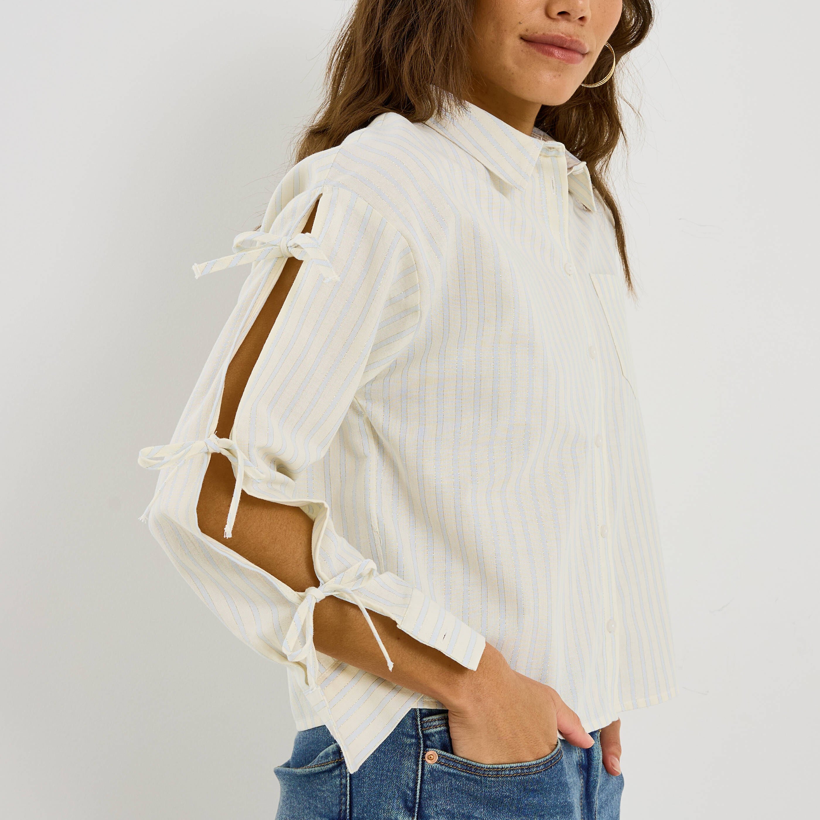 Chemise ray&eacute;e manches n&oelig;uds femme