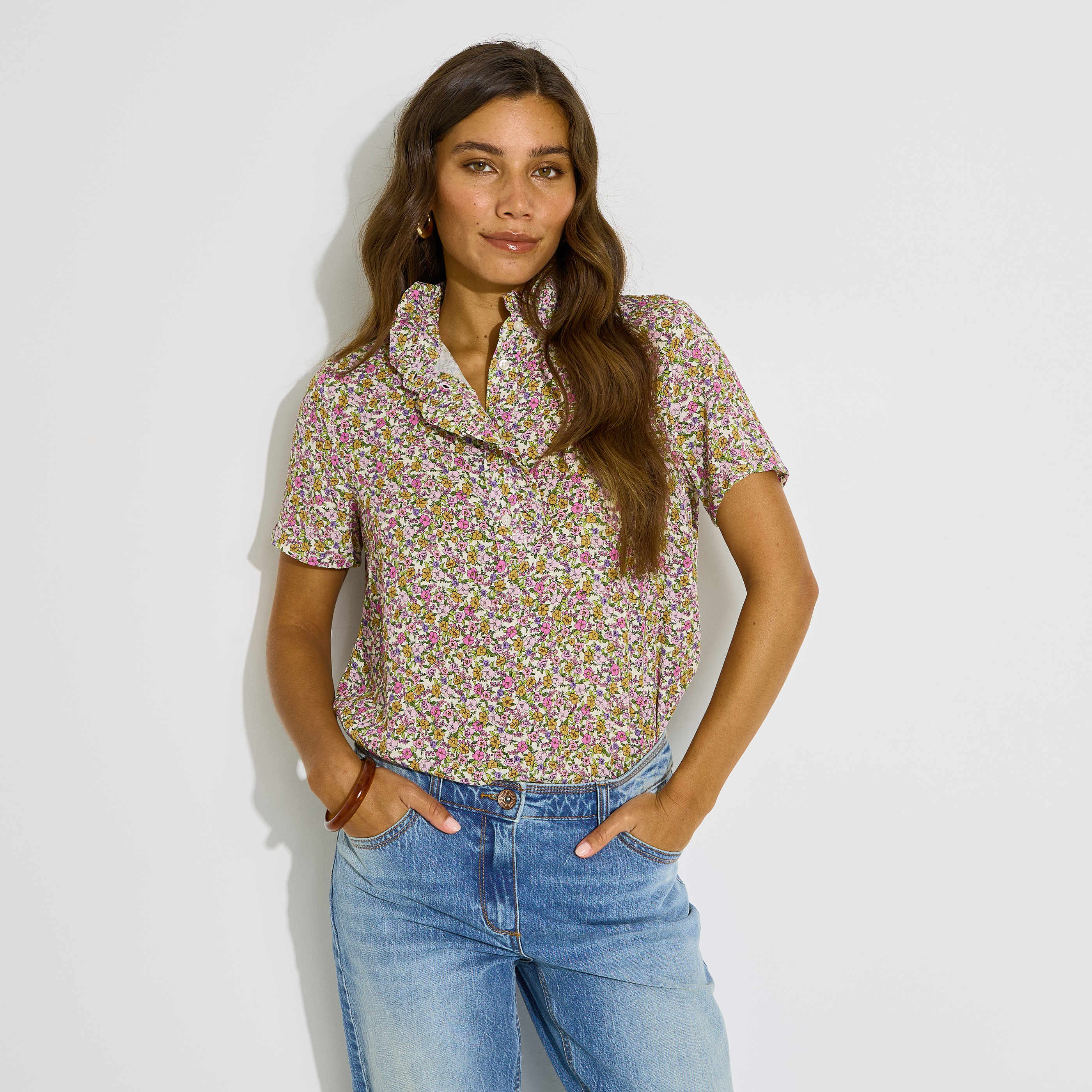 Blouse imprim&eacute; floral col volant&eacute; femme