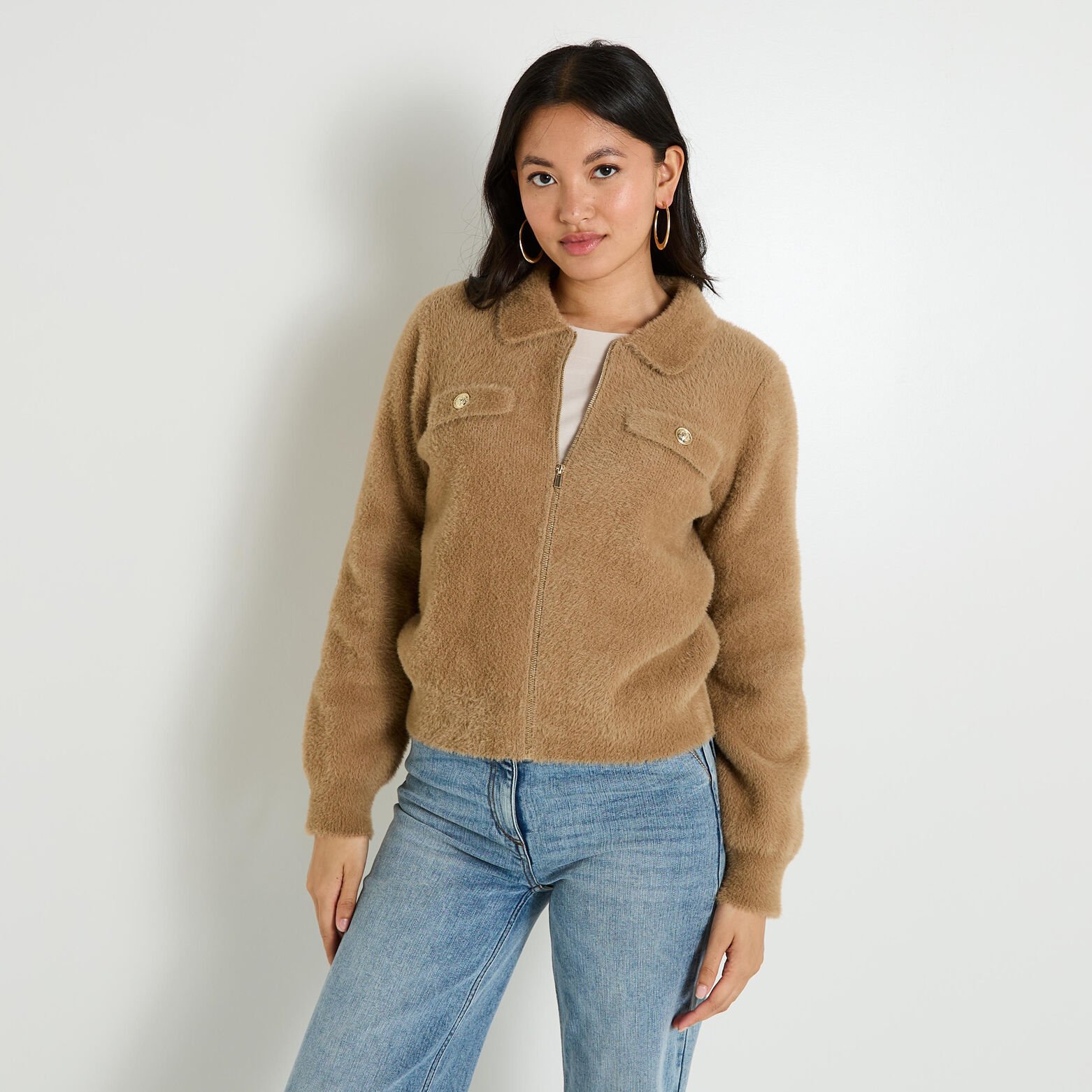 Bomber zippé fluffy femme