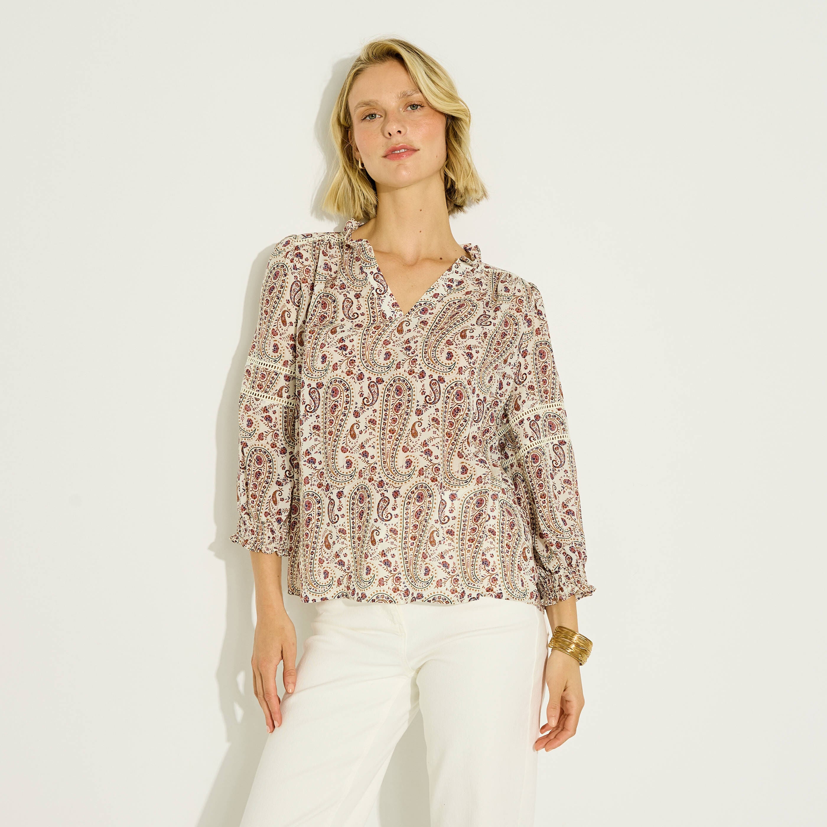 Blouse imprim&eacute; boh&egrave;me col V femme