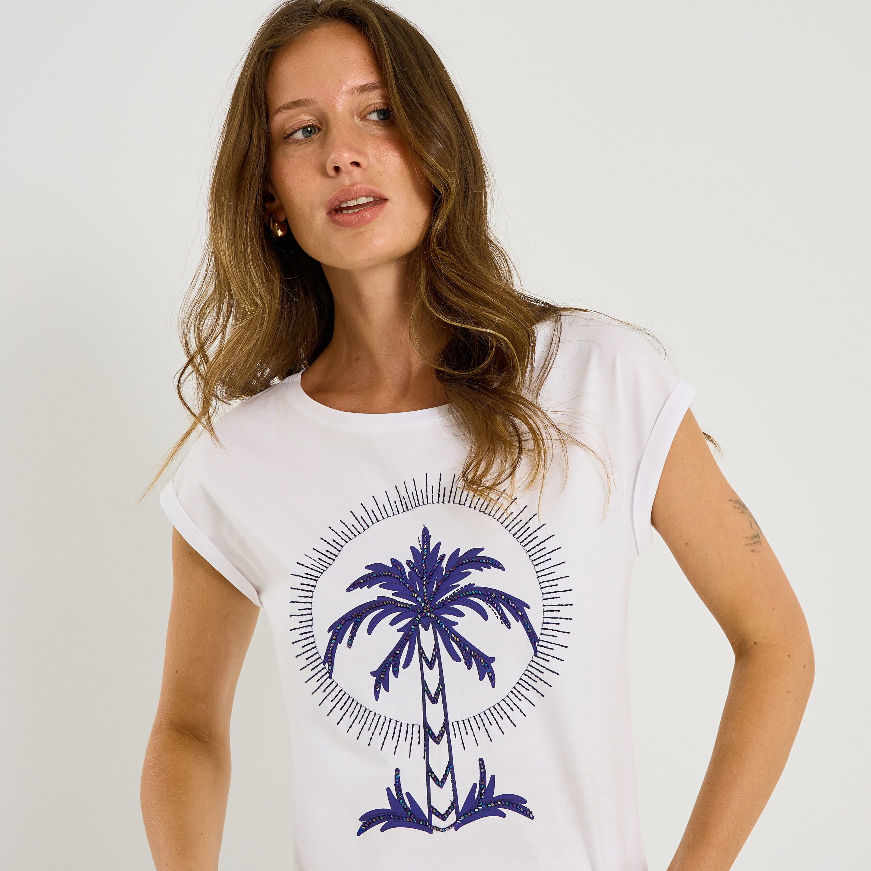 T-shirt col rond imprim&eacute; palmier femme