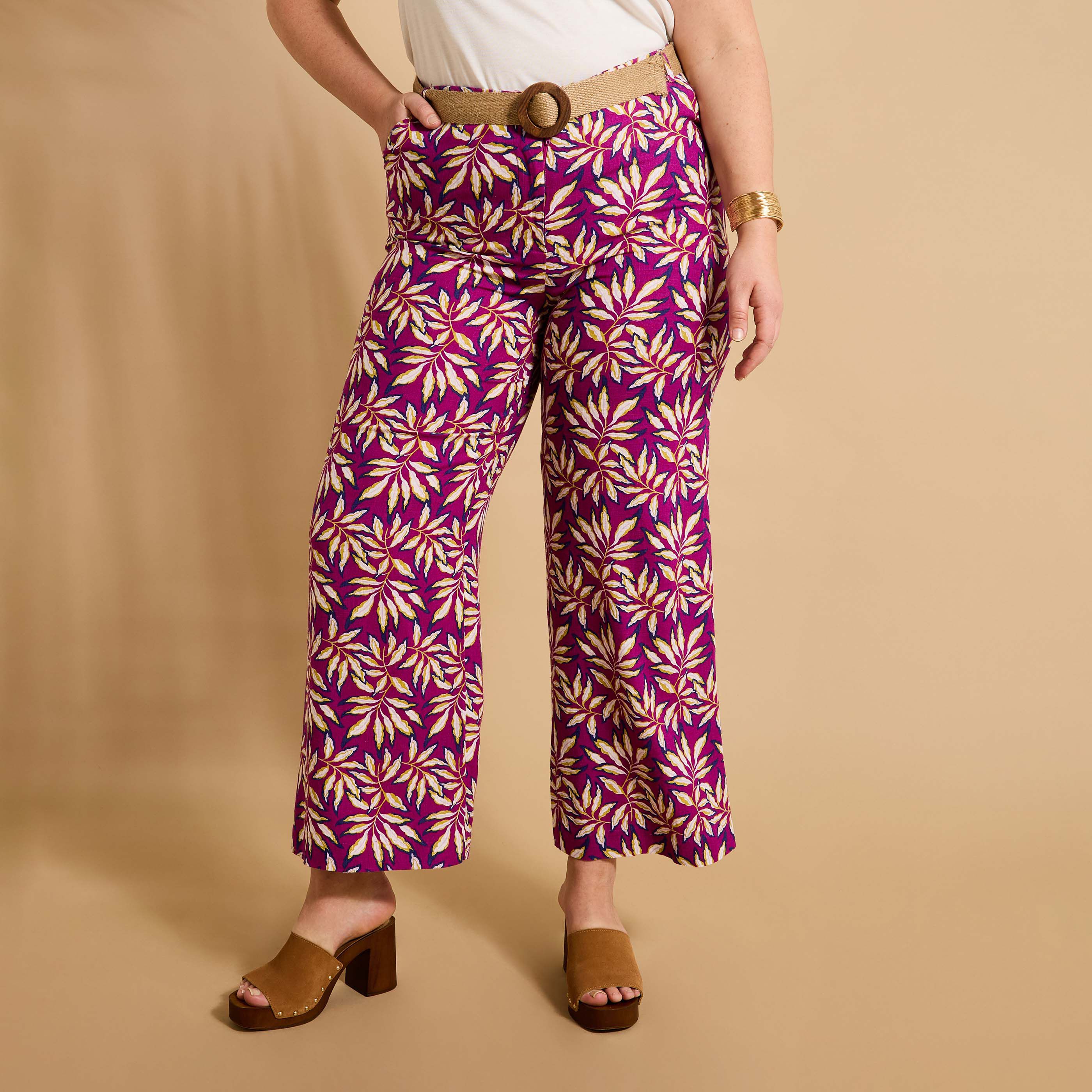 Pantalon imprim&eacute; feuillage femme