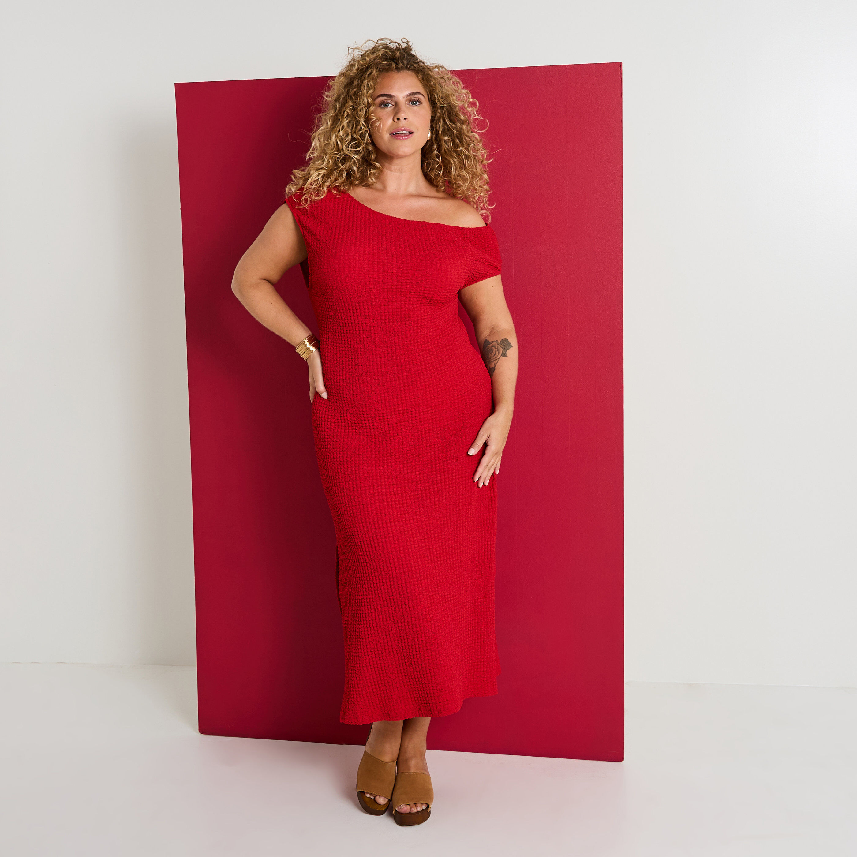 Robe longue en maille gaufr&eacute;e