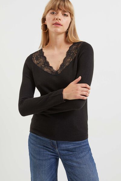 Pull col V dentelle femme