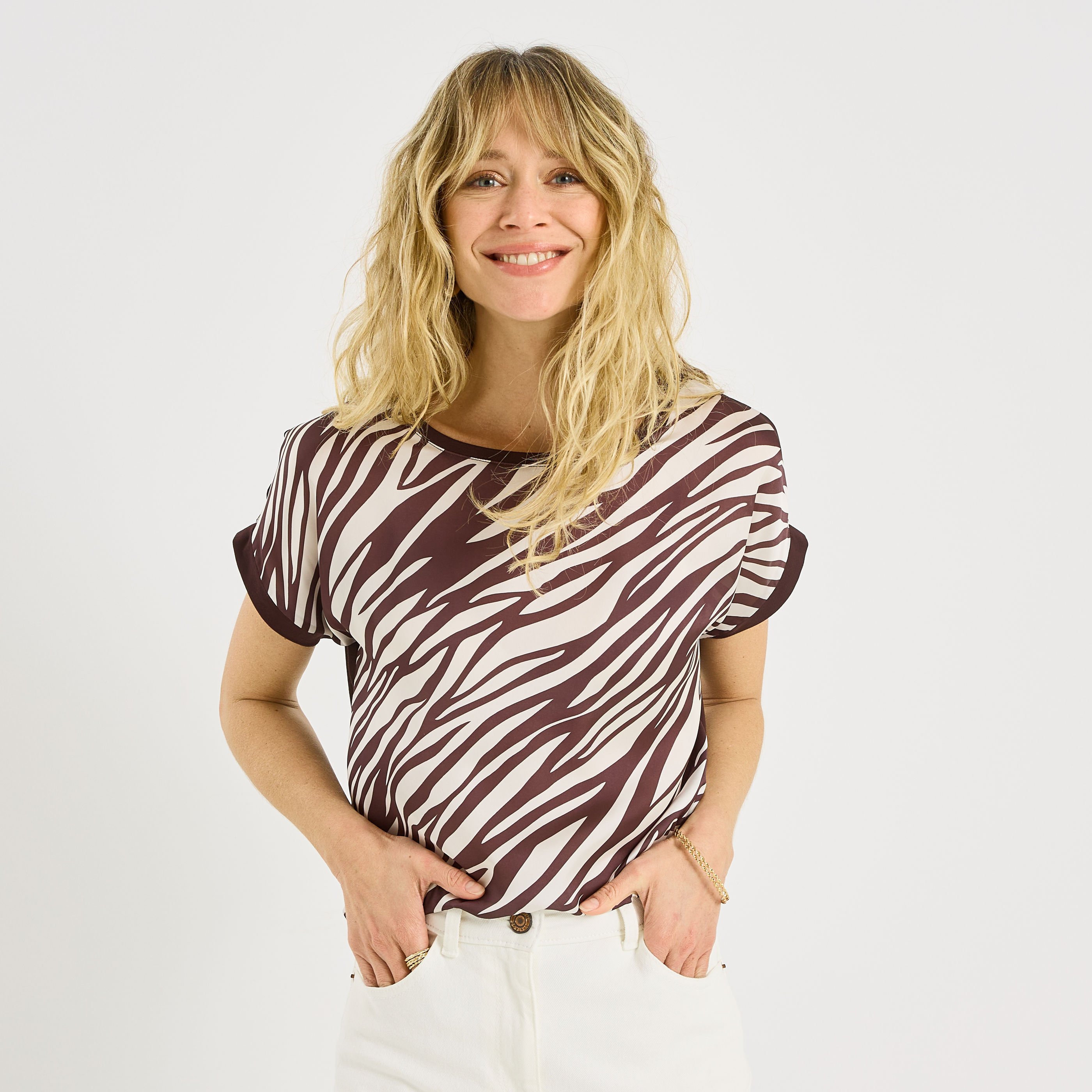 T-shirt bi-mati&egrave;re imprim&eacute; z&eacute;br&eacute; femme