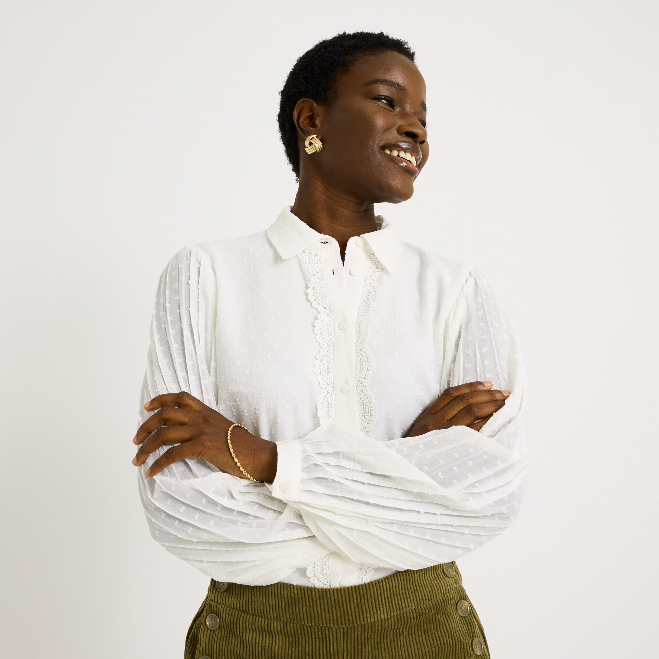 Chemise plumetis manches pliss&eacute;es femme