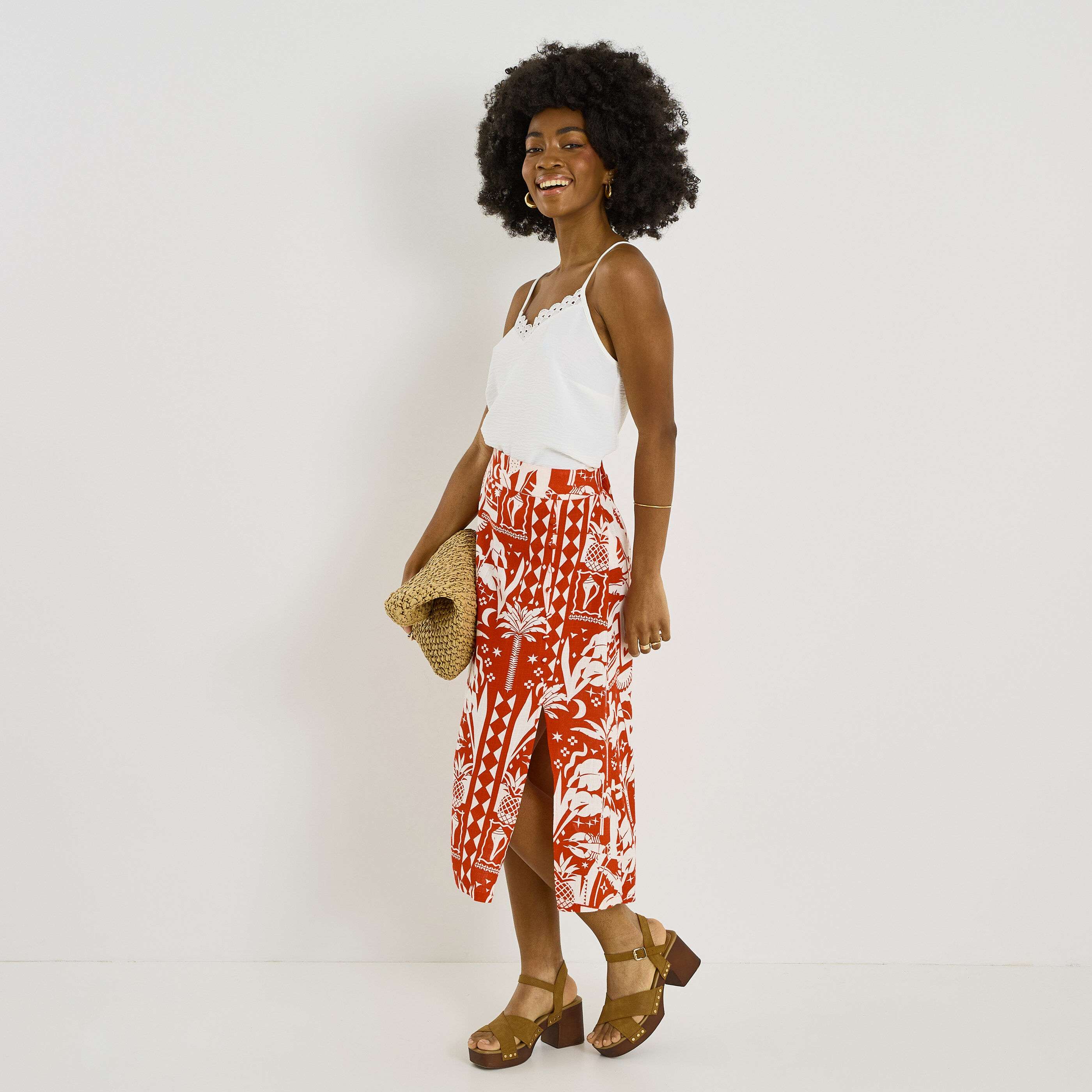 Jupe mi-longue imprim&eacute;e &agrave; fente