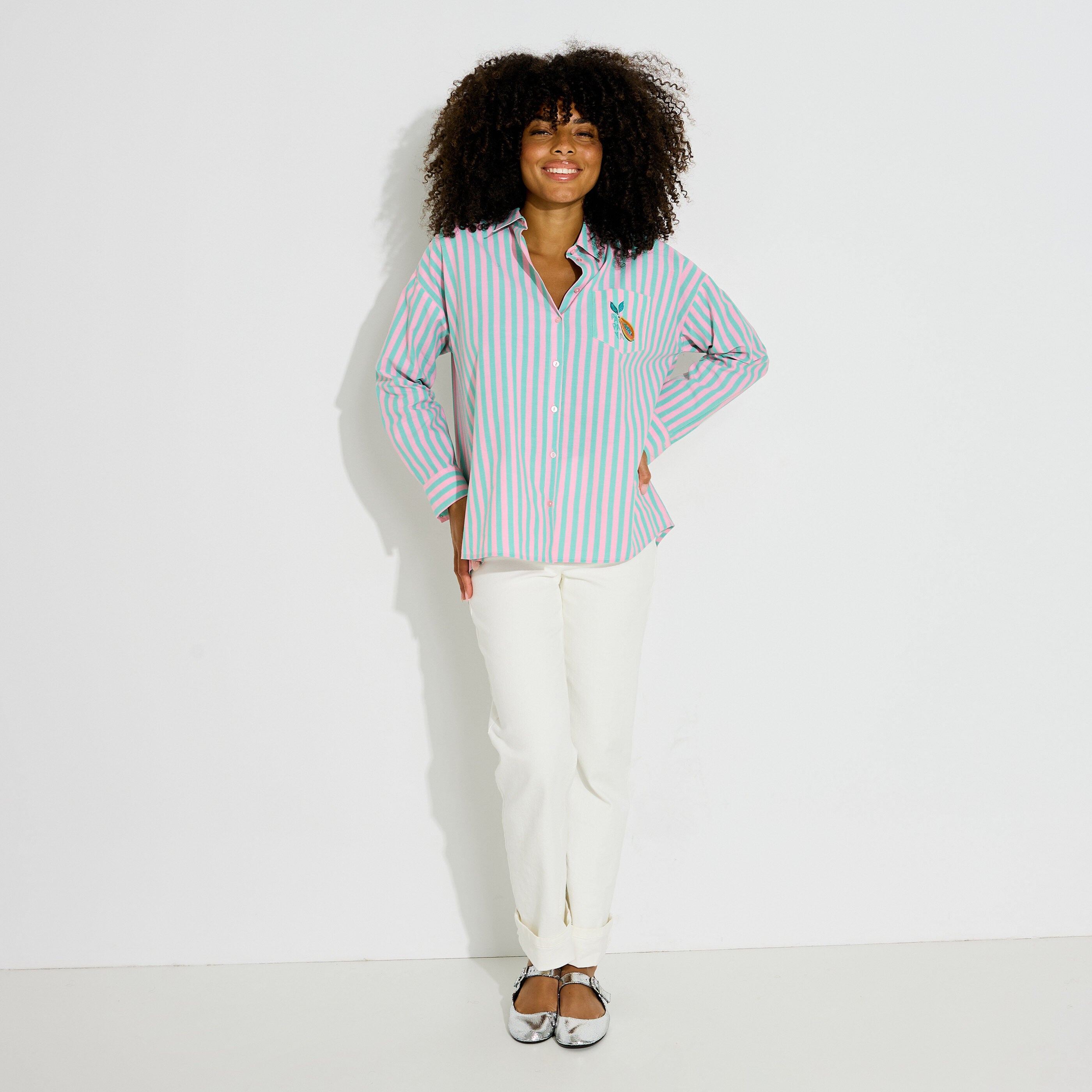 Chemise ray&eacute;e broderie papaye femme