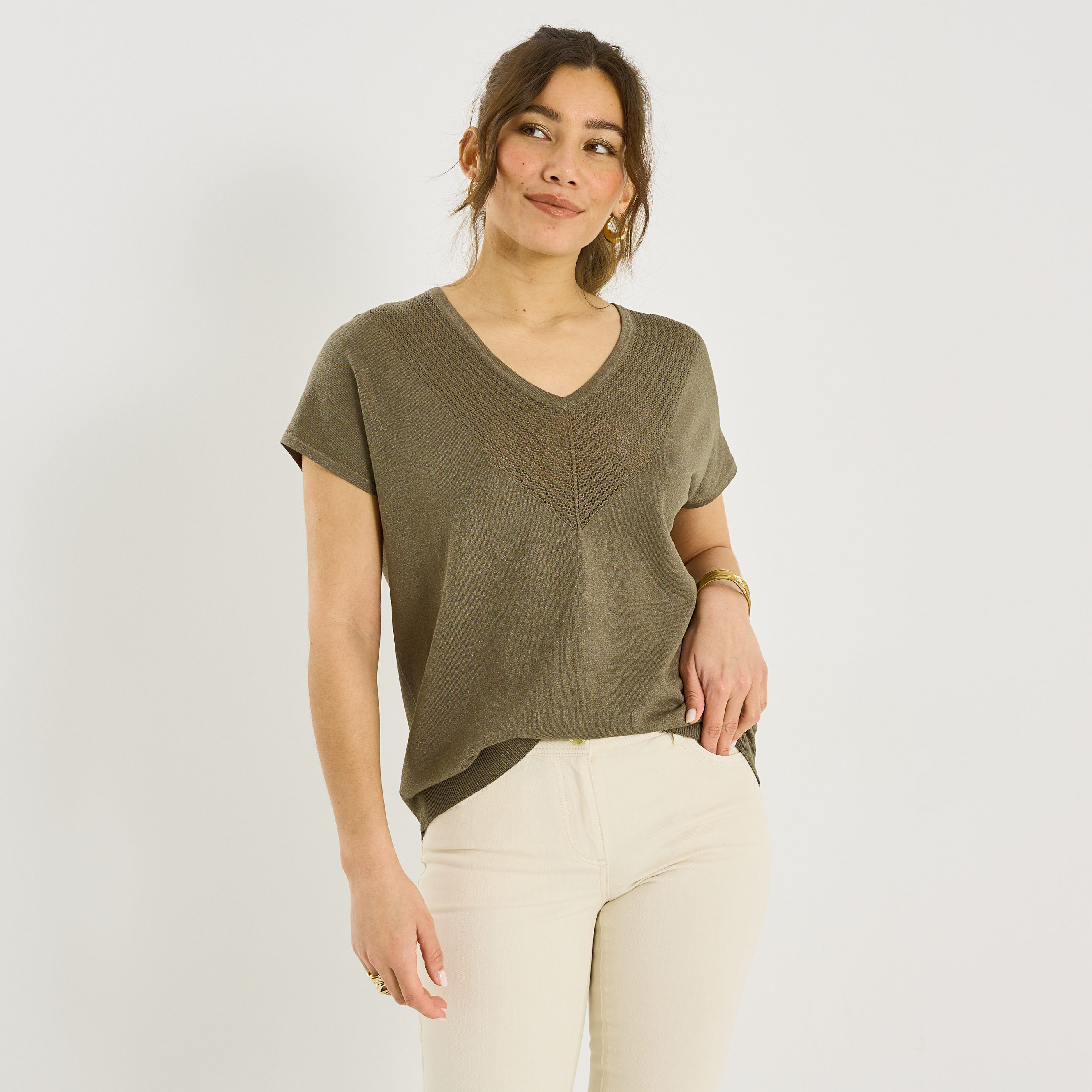 Pull brillant manches courtes femme