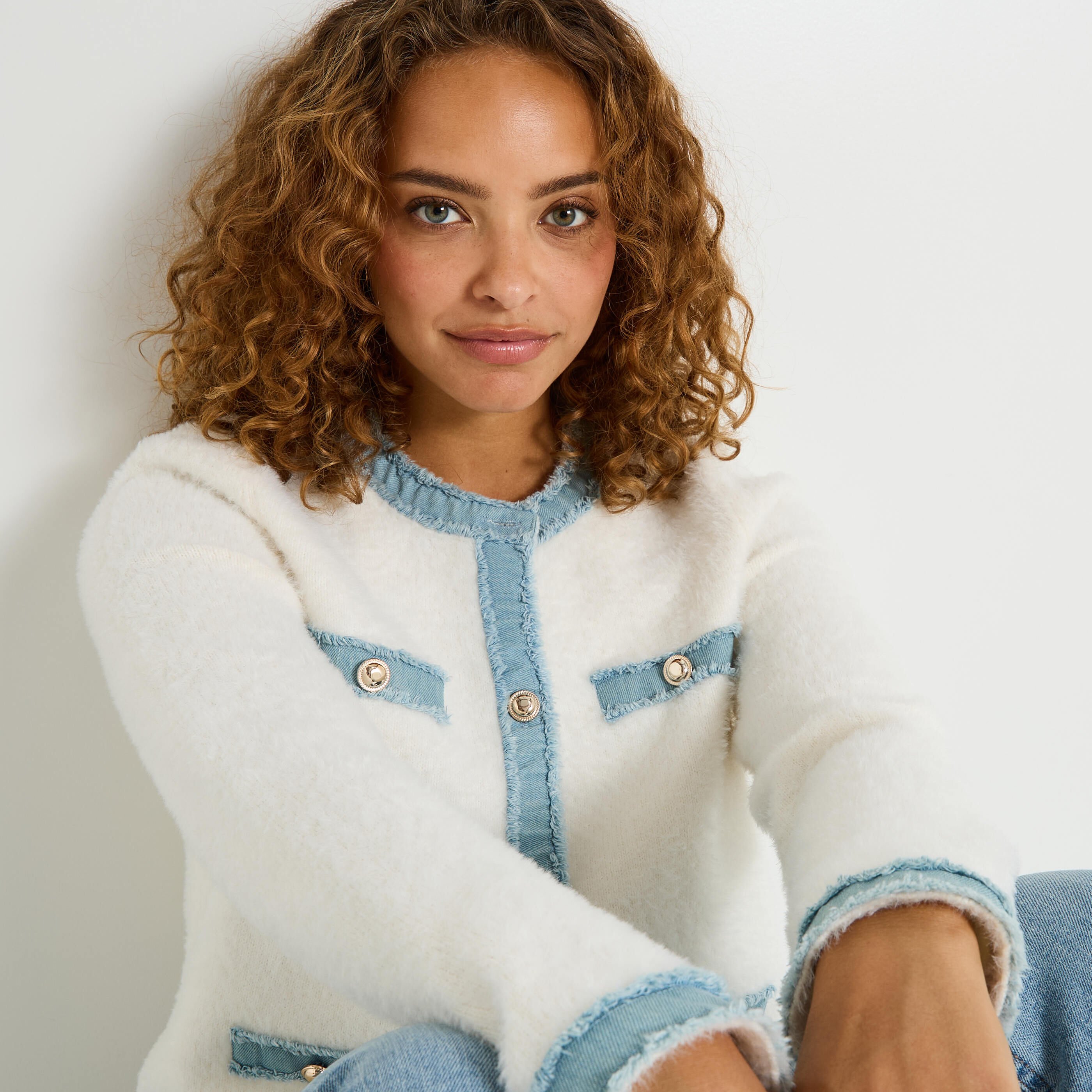 Gilet fluffy d&eacute;tail en denim femme