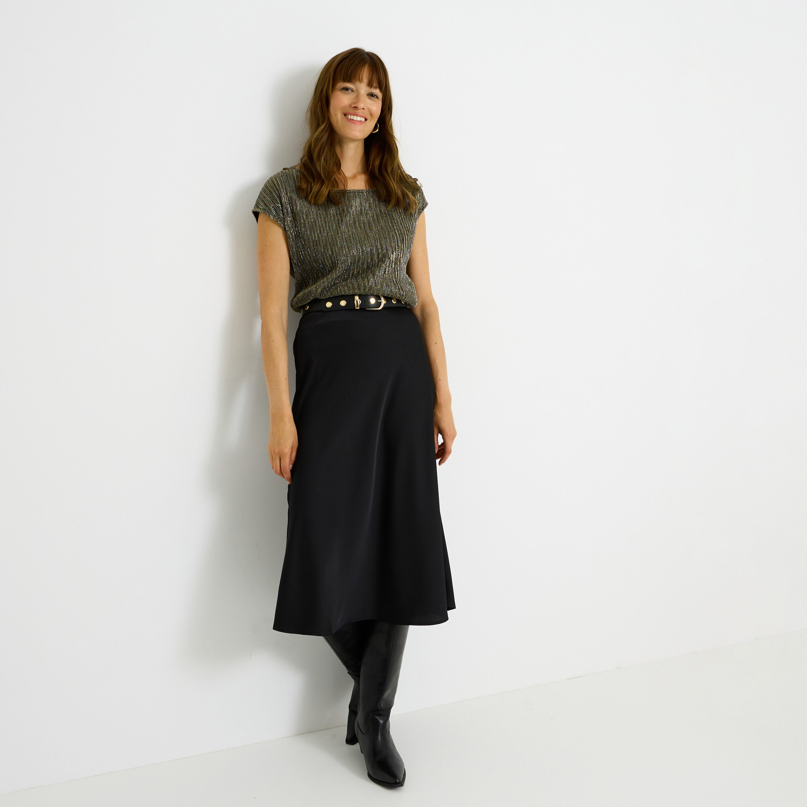 T-shirt brillant &agrave; col rond femme