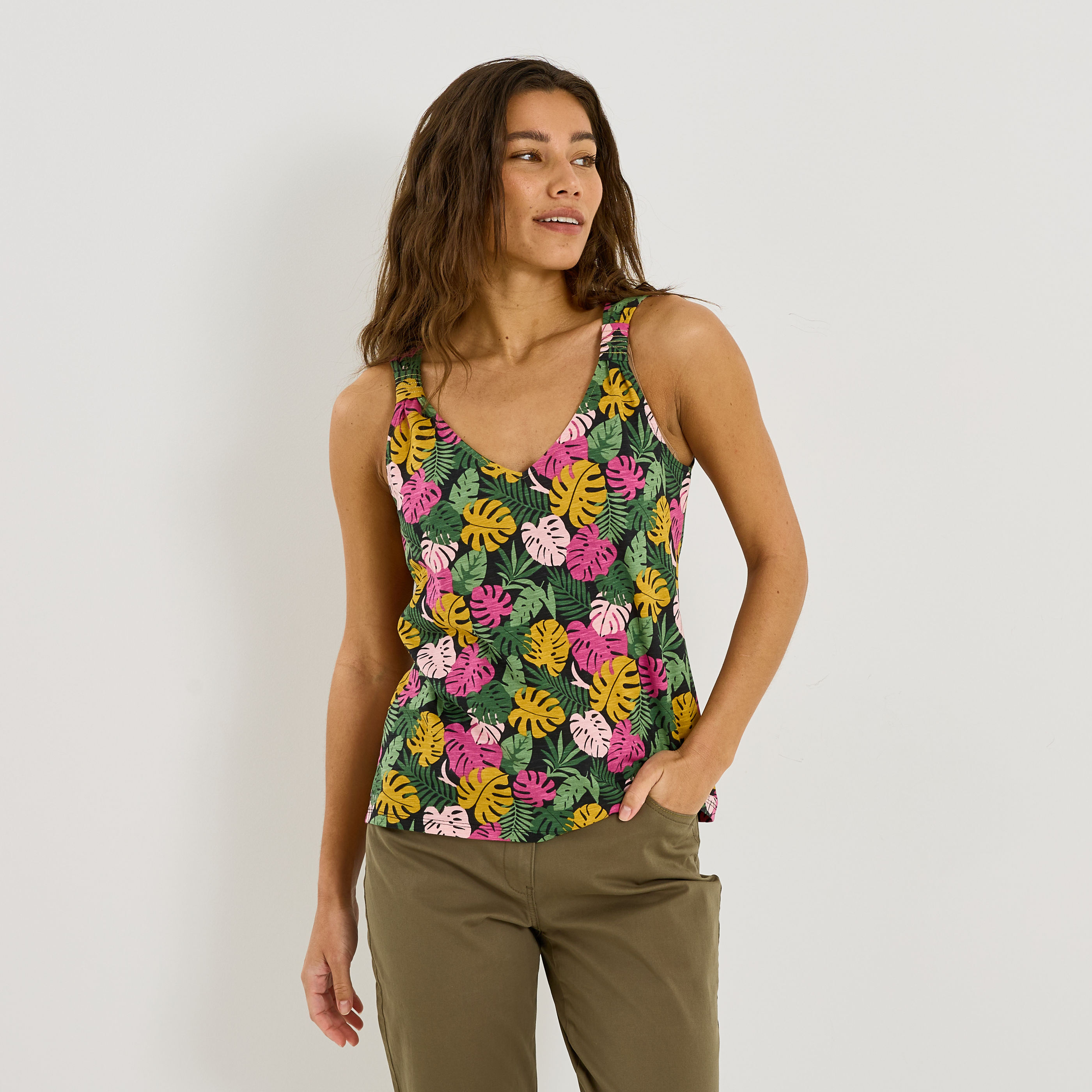 D&eacute;bardeur col V imprim&eacute; tropical femme