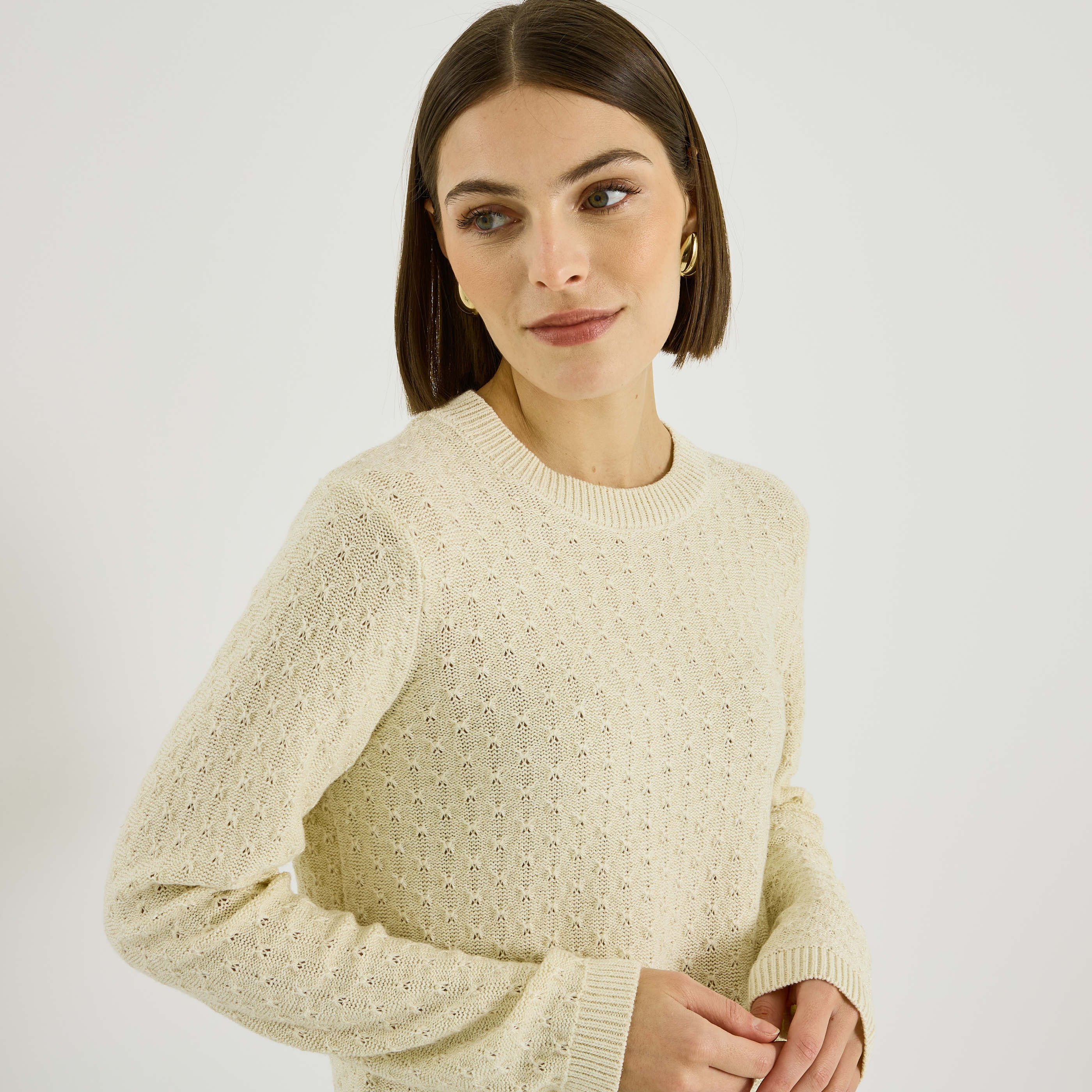 Pull maille en relief &agrave; col rond femme