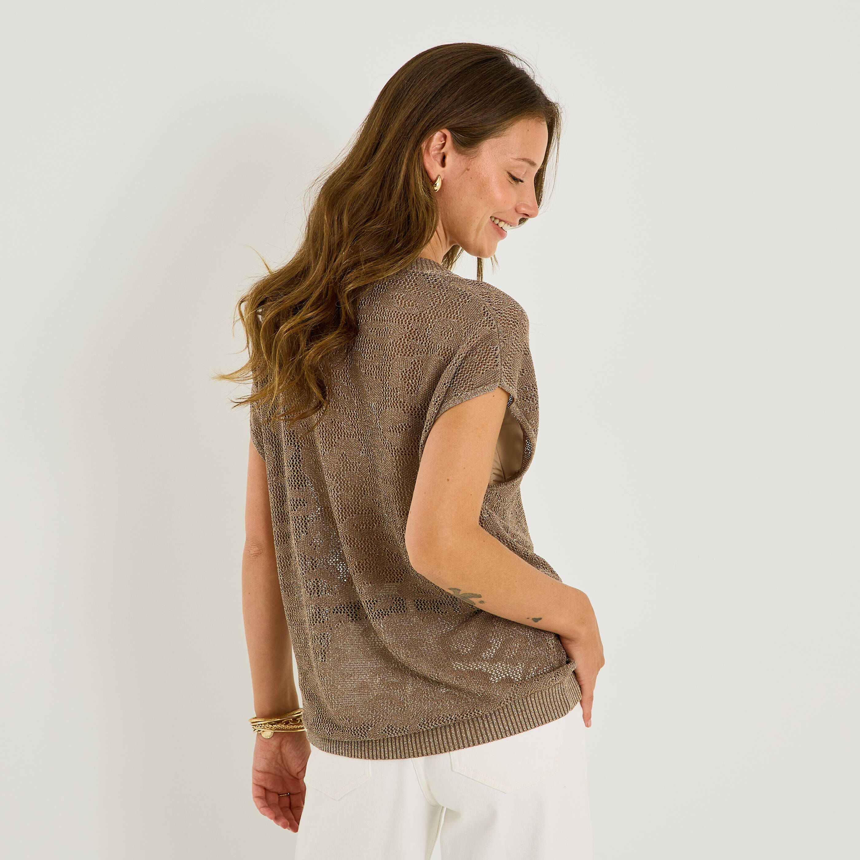 Pull manches courtes brillant femme