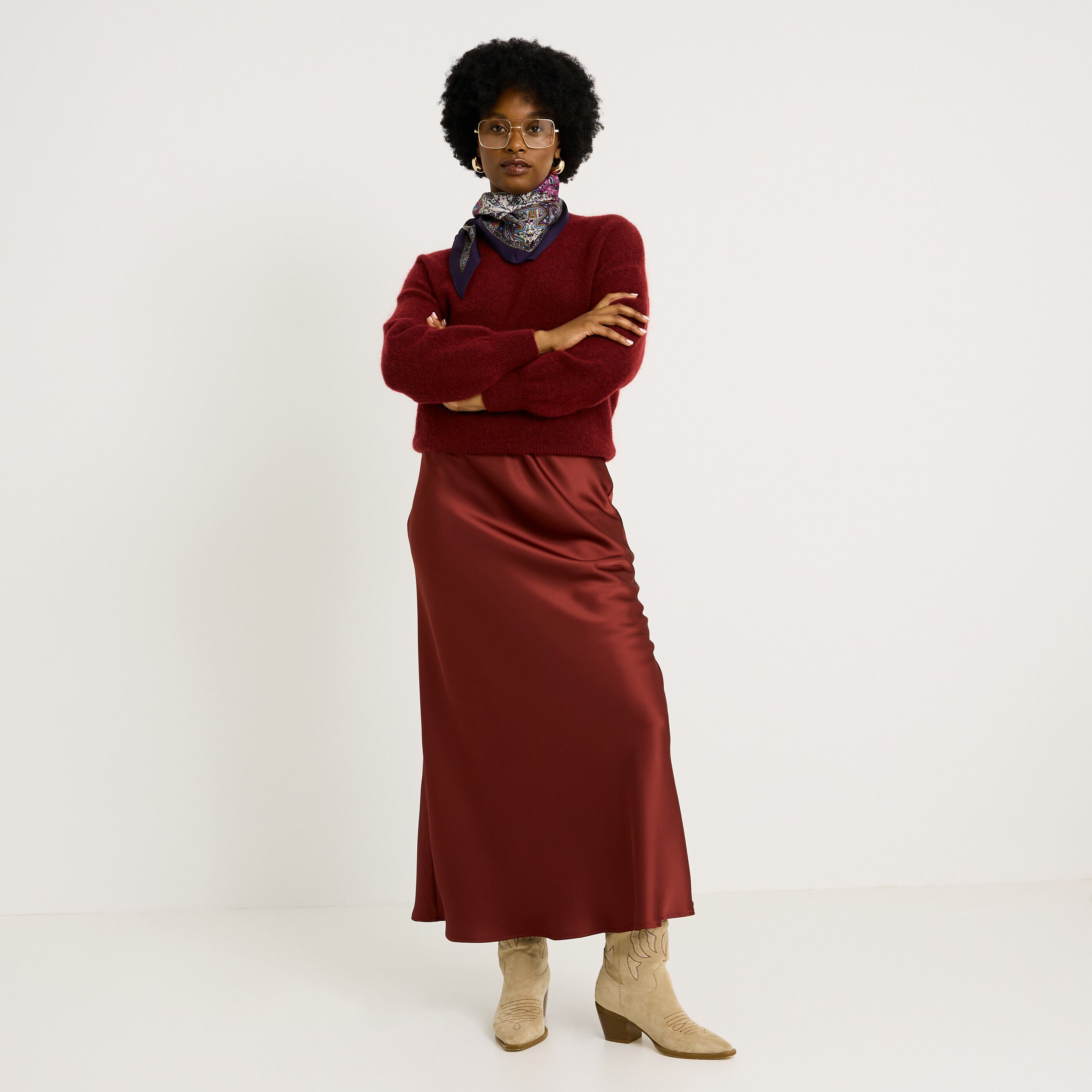 Jupe longue satin&eacute;e forme &eacute;vas&eacute;e