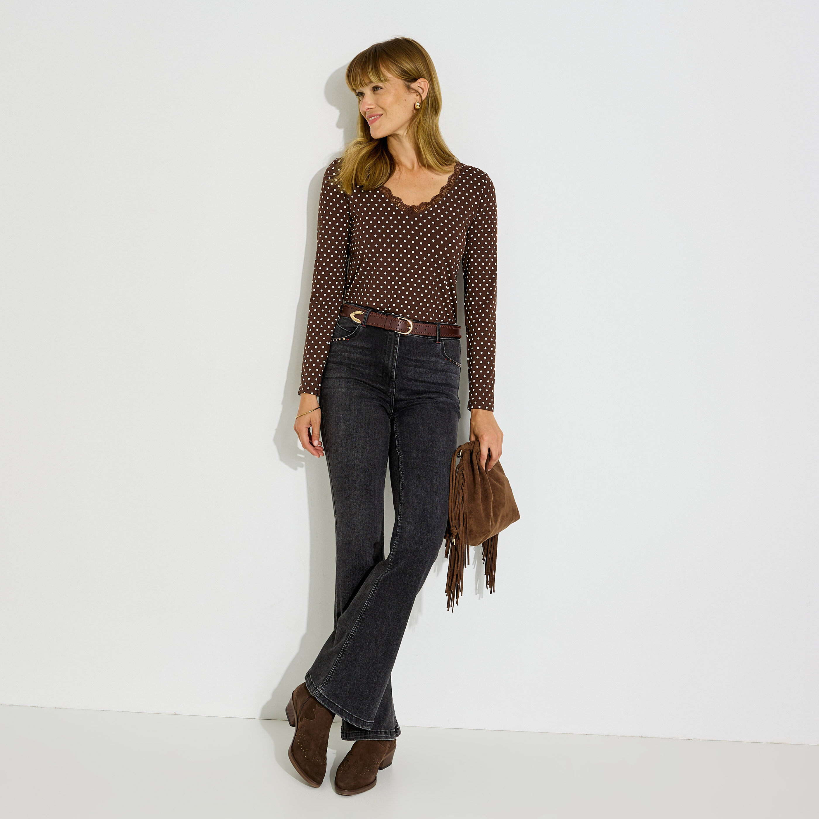 T-shirt manches longues motif pois femme