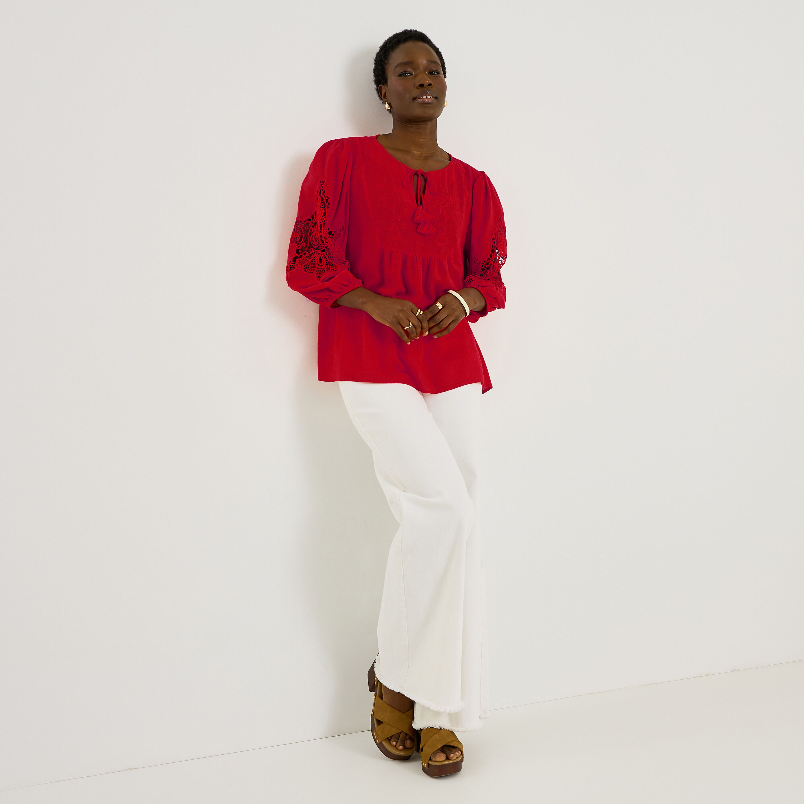 Blouse brod&eacute;e d&eacute;tails ajour&eacute;s femme
