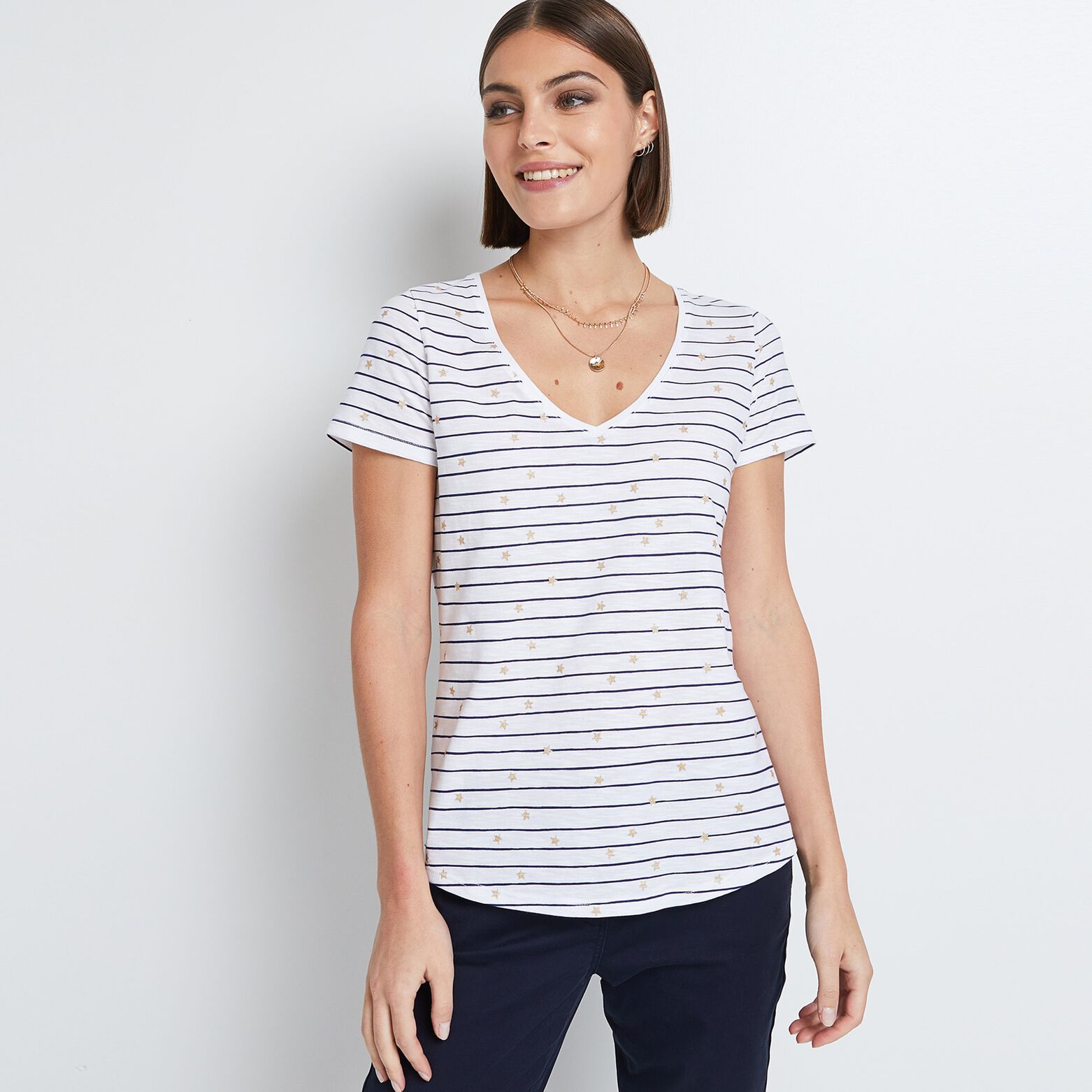 T-shirt à rayures col V femme