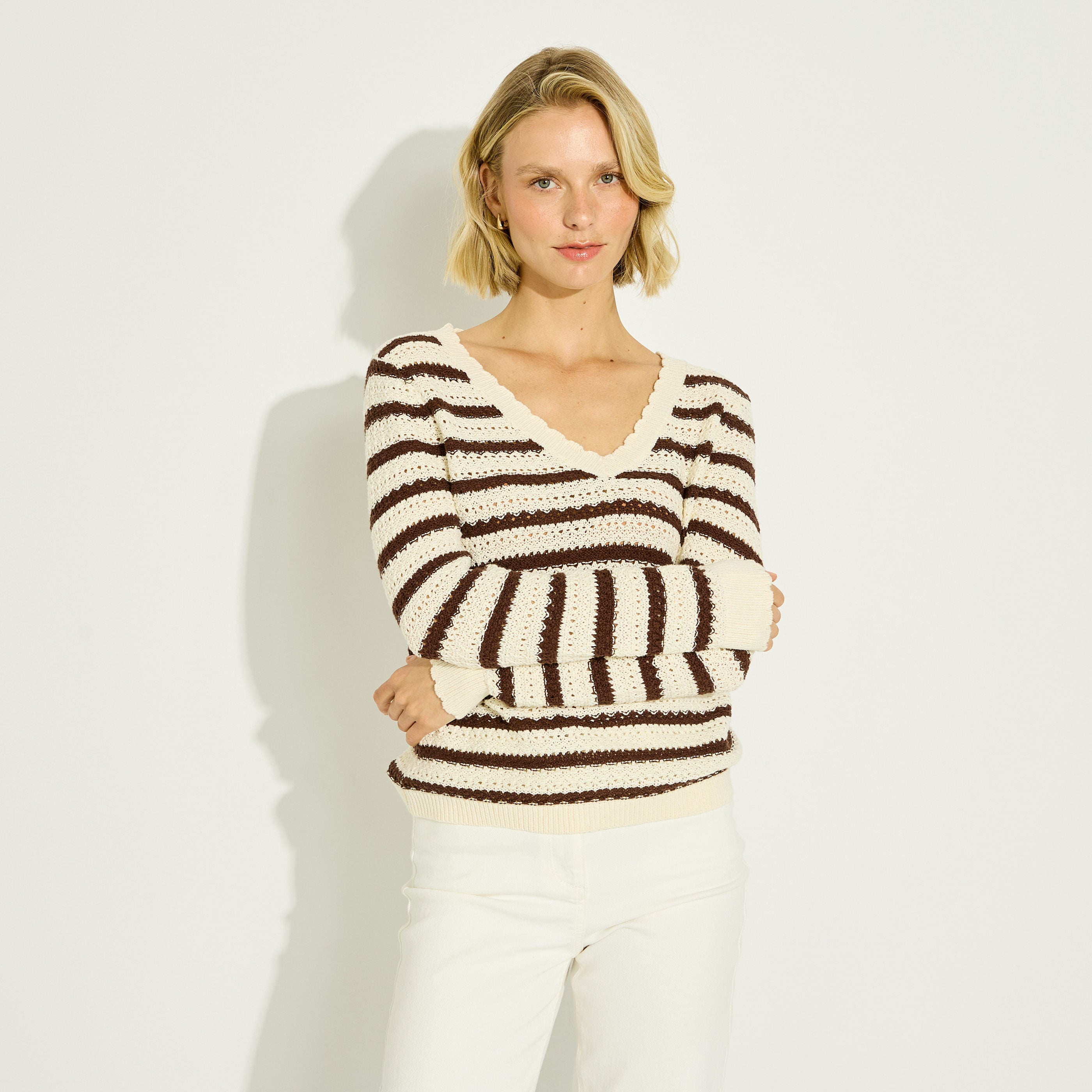 Pull ray&eacute; en maille ajour&eacute;e femme