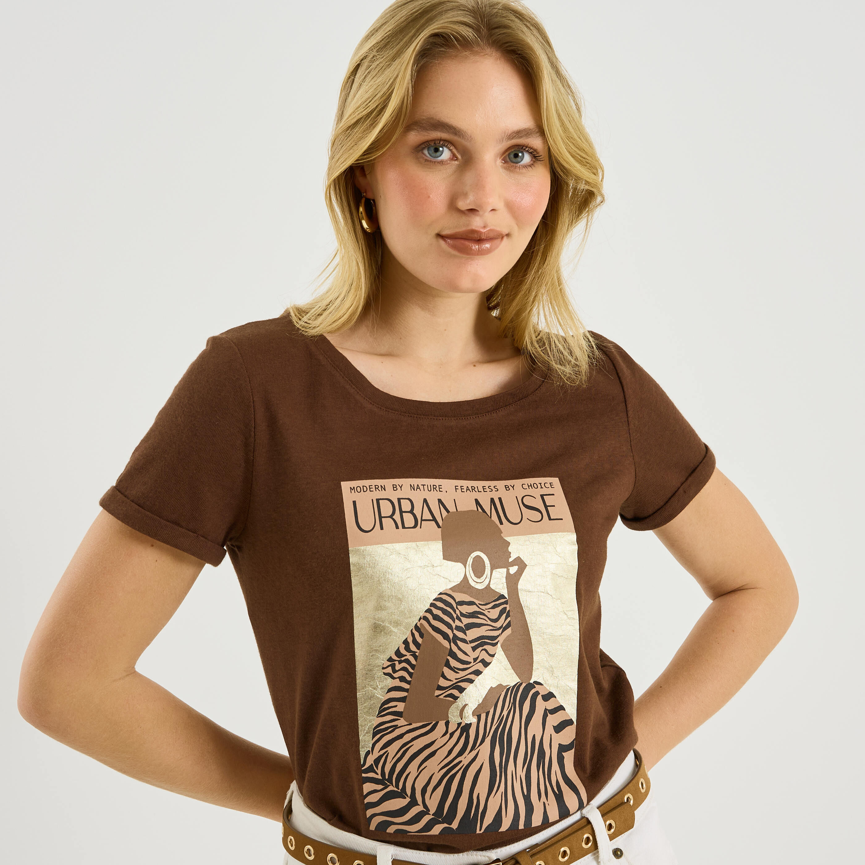 T-shirt imprim&eacute; manches &agrave; revers femme