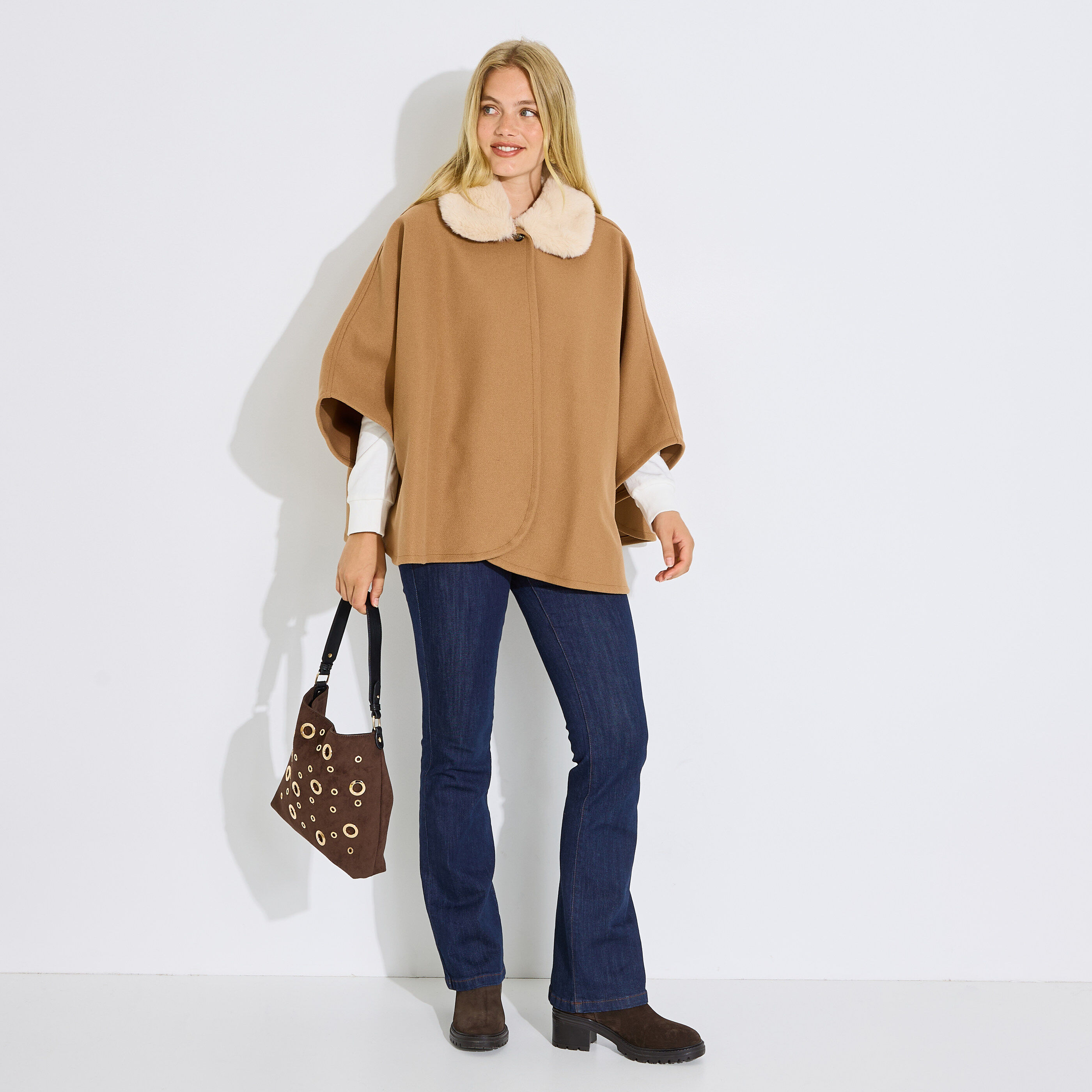 Poncho col fausse fourrure femme