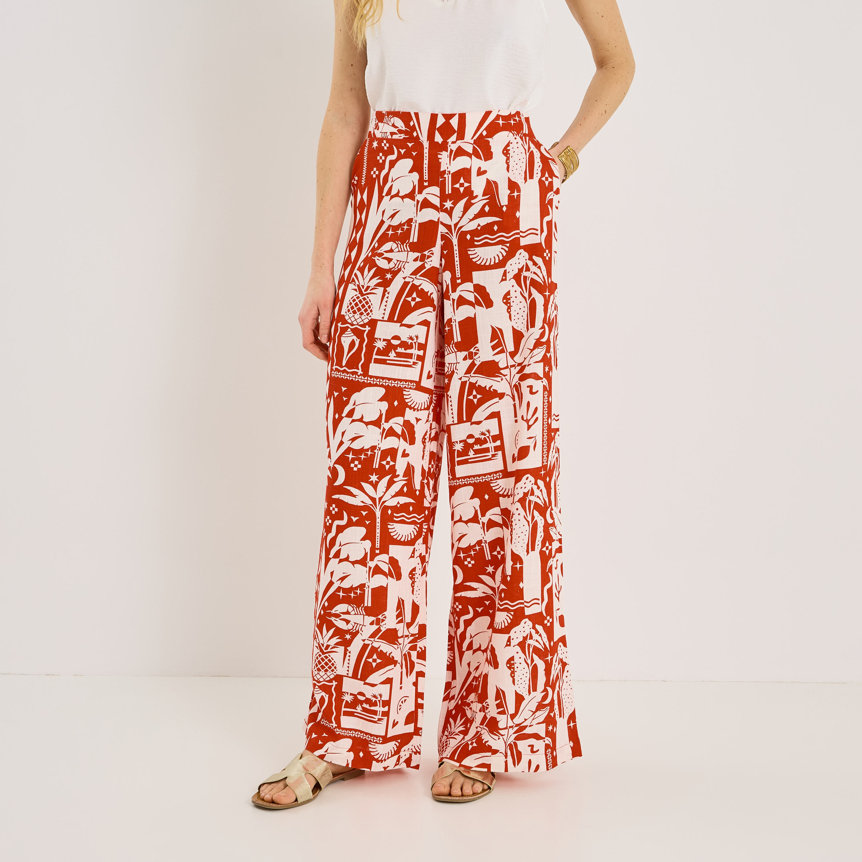 Pantalon large imprim&eacute; femme