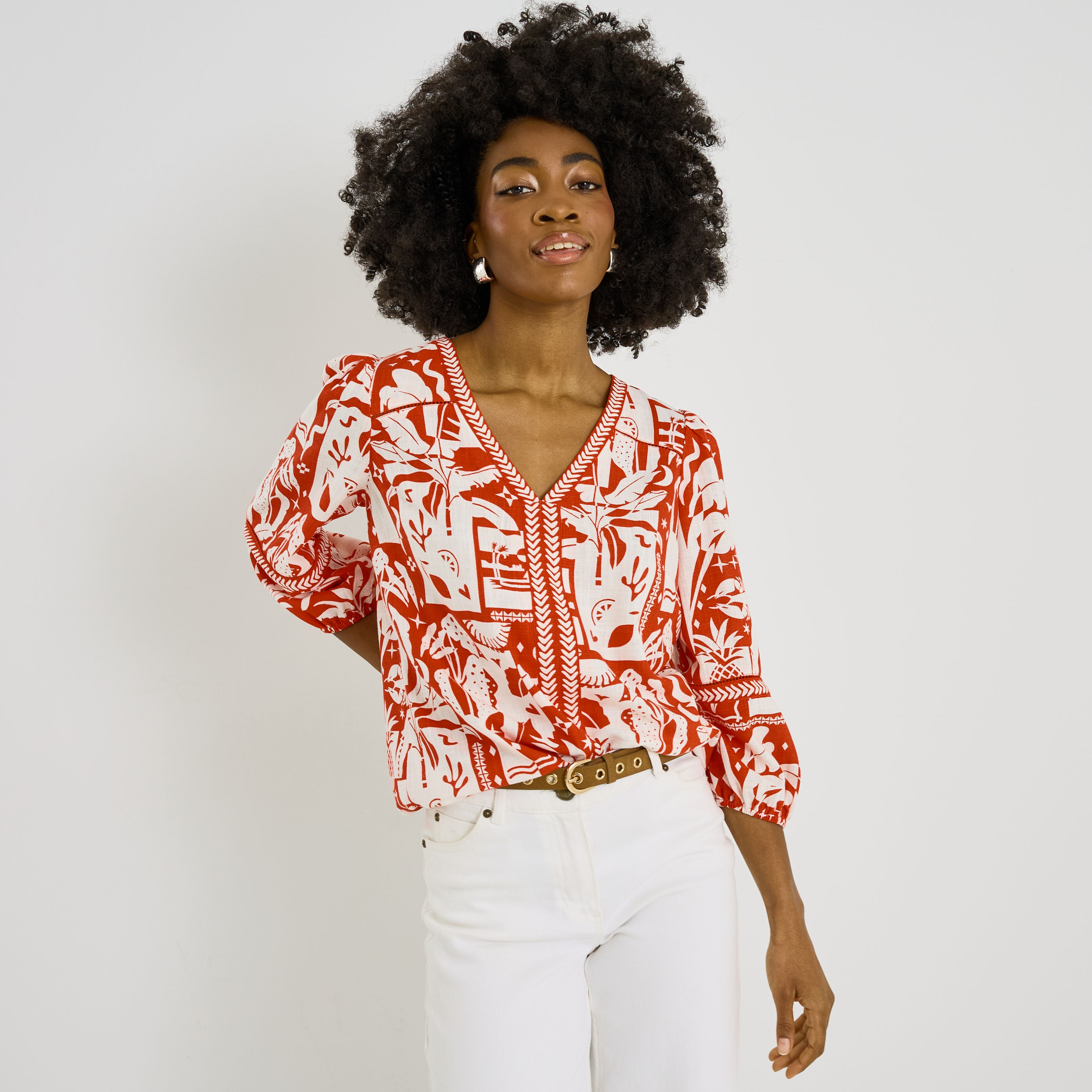 Blouse imprim&eacute;e col V femme