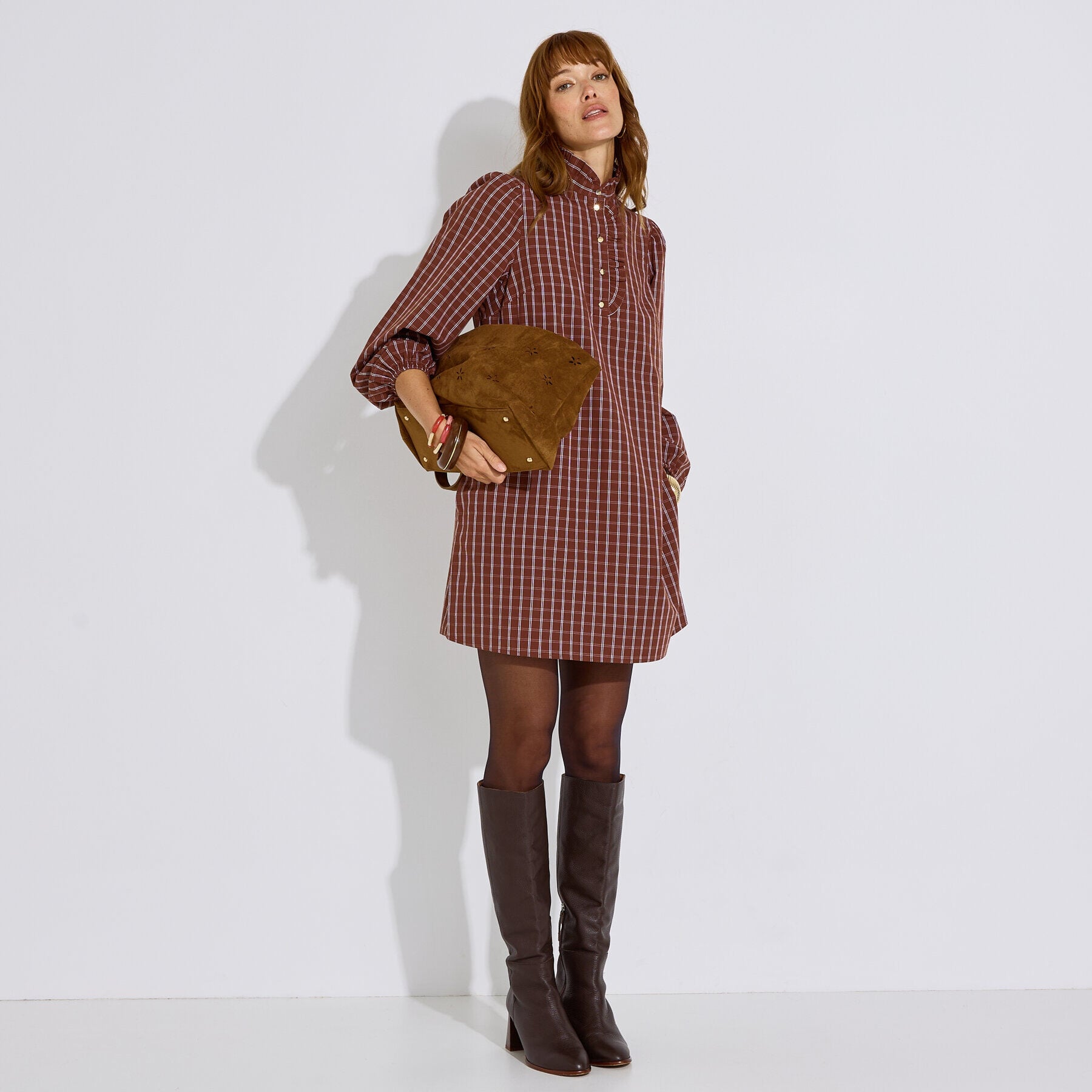 Robe courte &agrave; carreaux col volant&eacute; femme