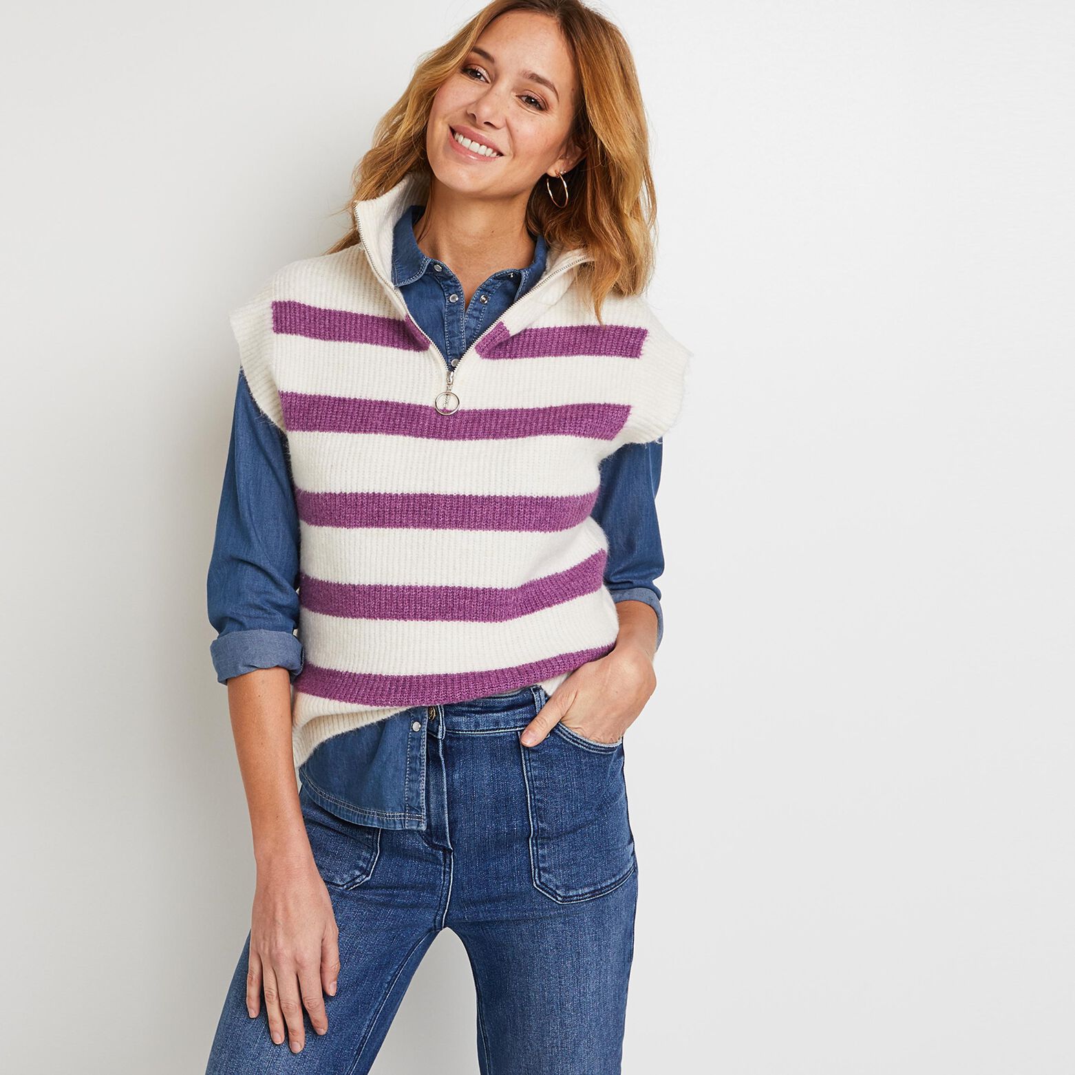 Pull sans manches rayé femme