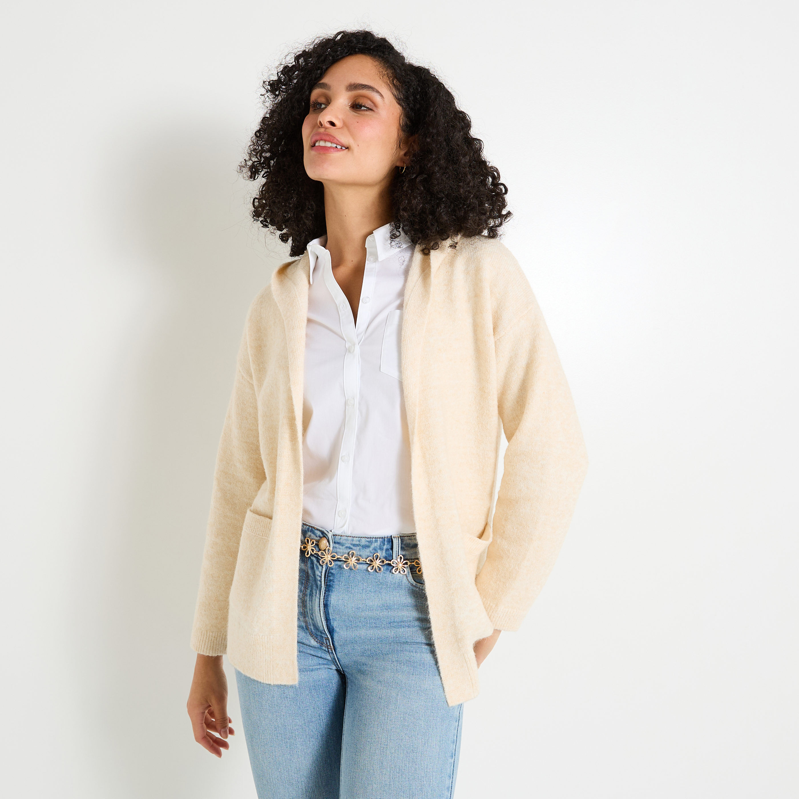 Gilet mi-long &agrave; capuche femme