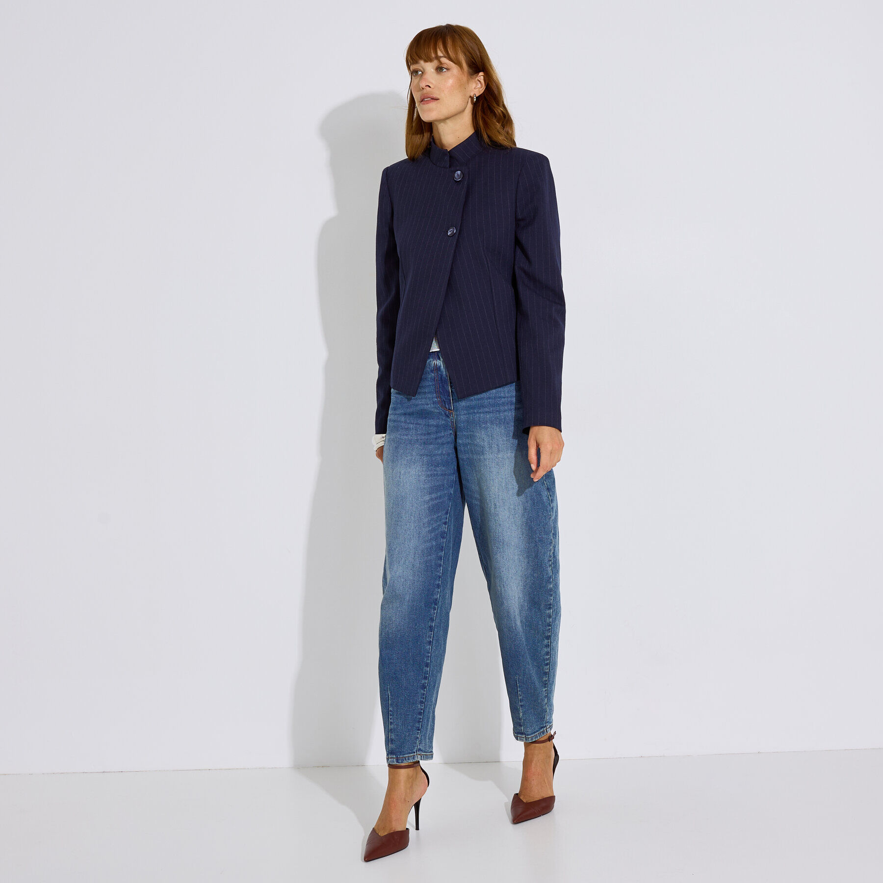 Veste courte ray&eacute;e &agrave; col officier femme