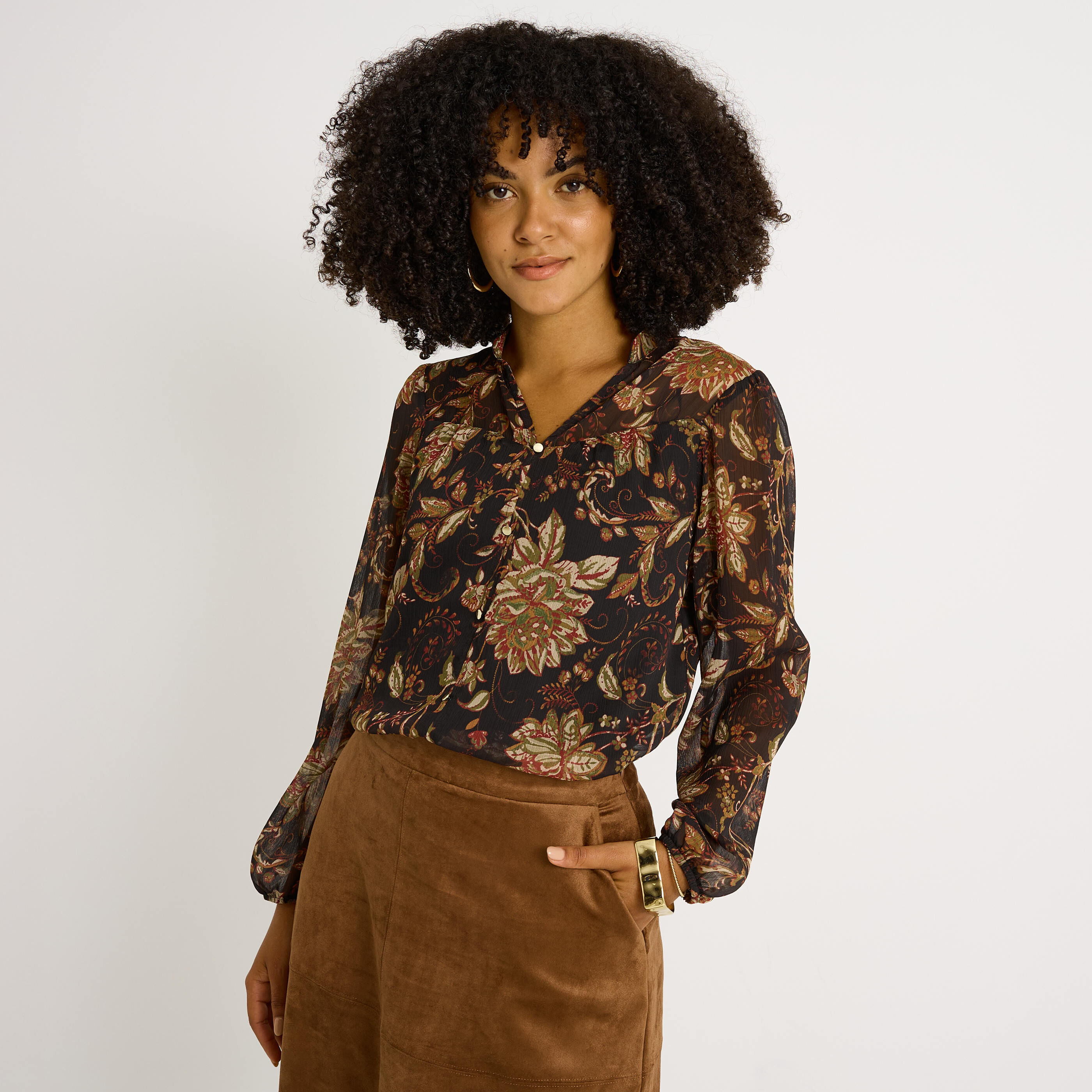 Blouse en voile imprim&eacute; fleuri femme