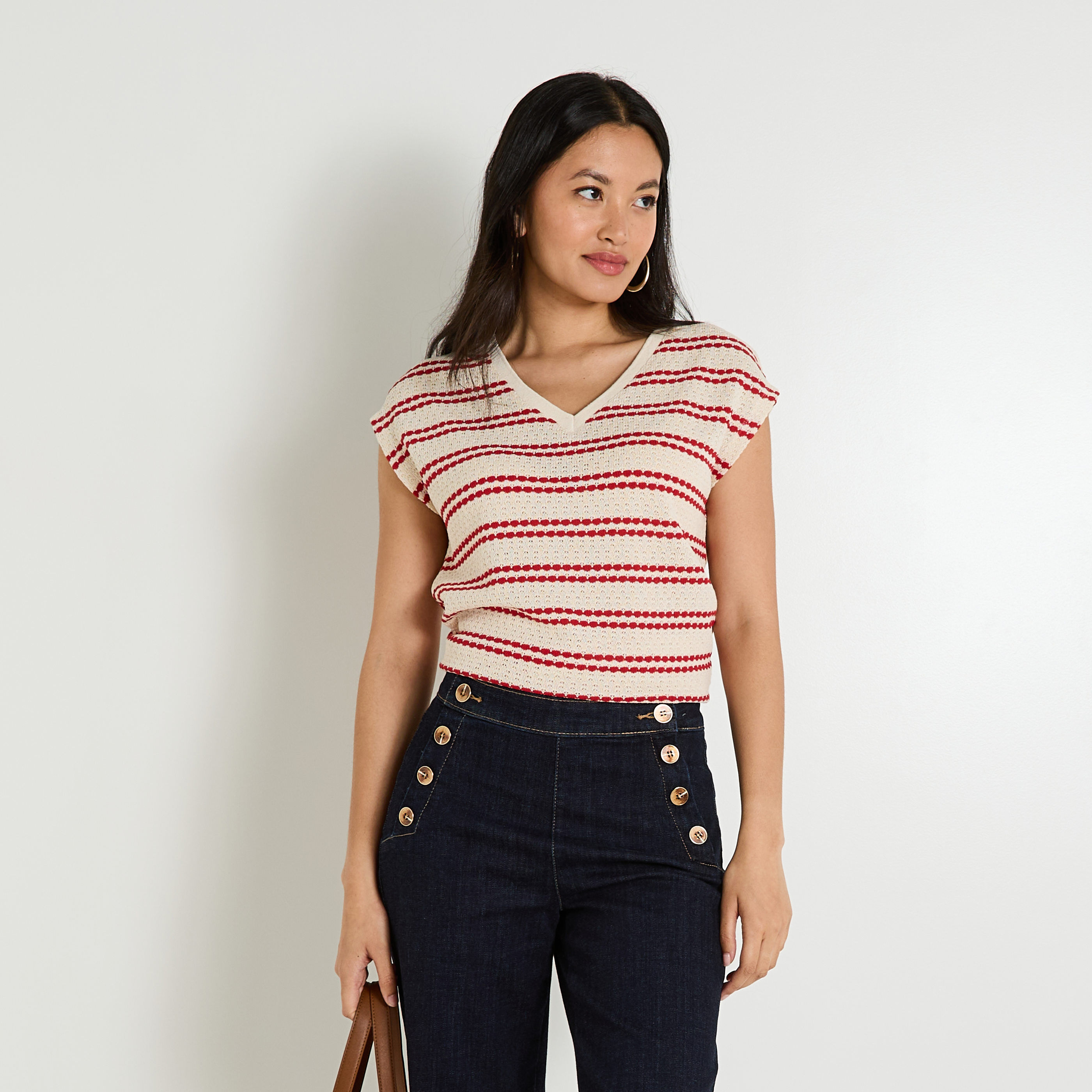 T-shirt col V en maille femme