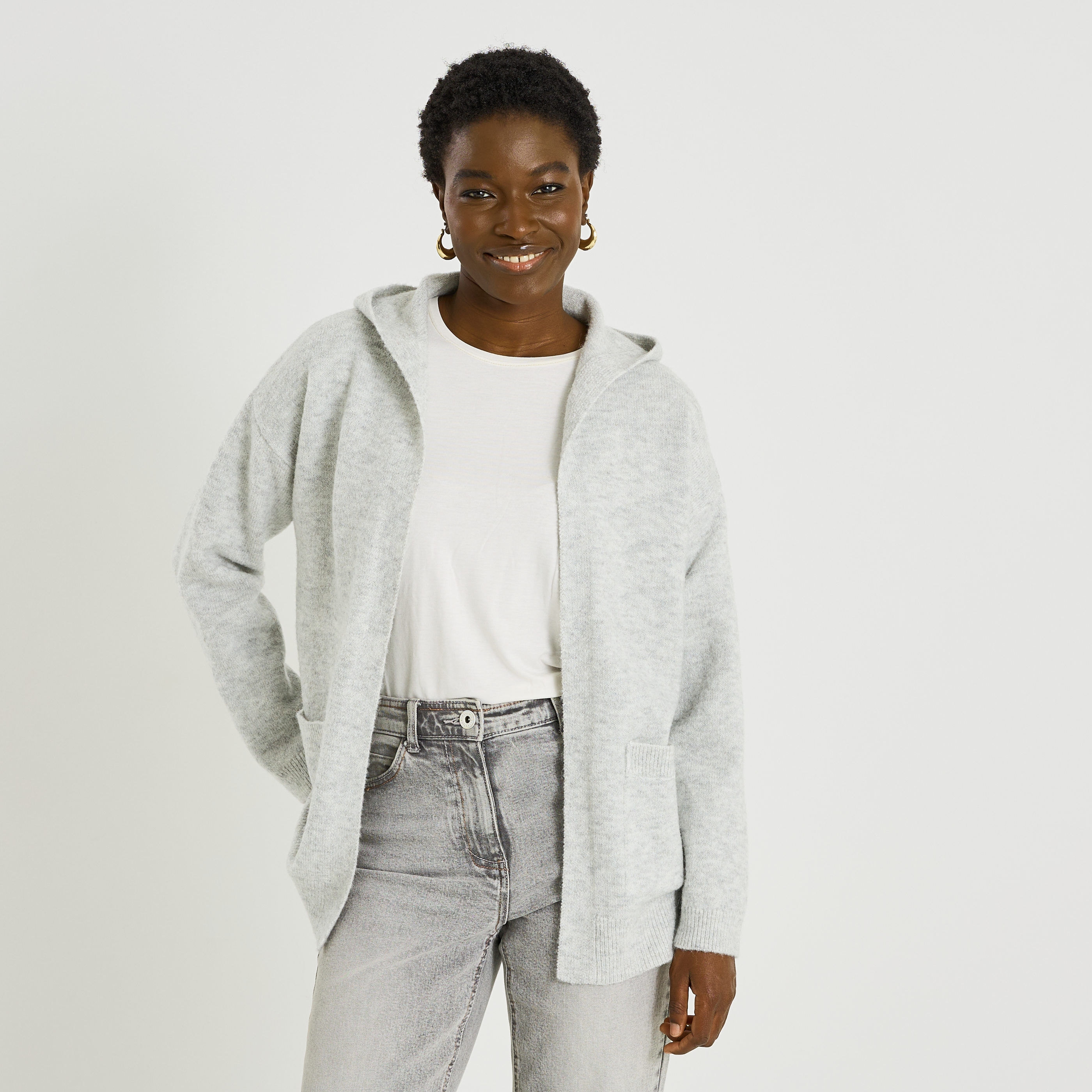 Gilet mi-long &agrave; capuche femme