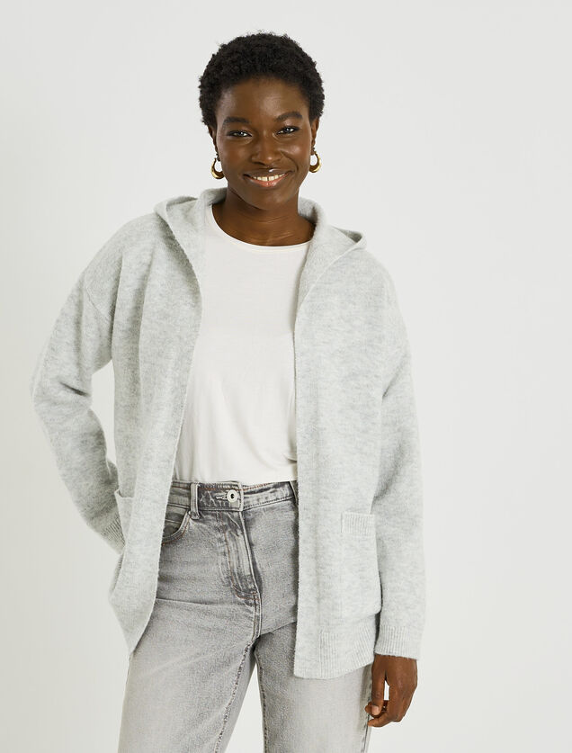 Gilet mi-long &agrave; capuche femme