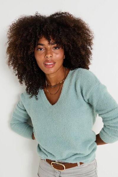 Pull fluffy à col V femme