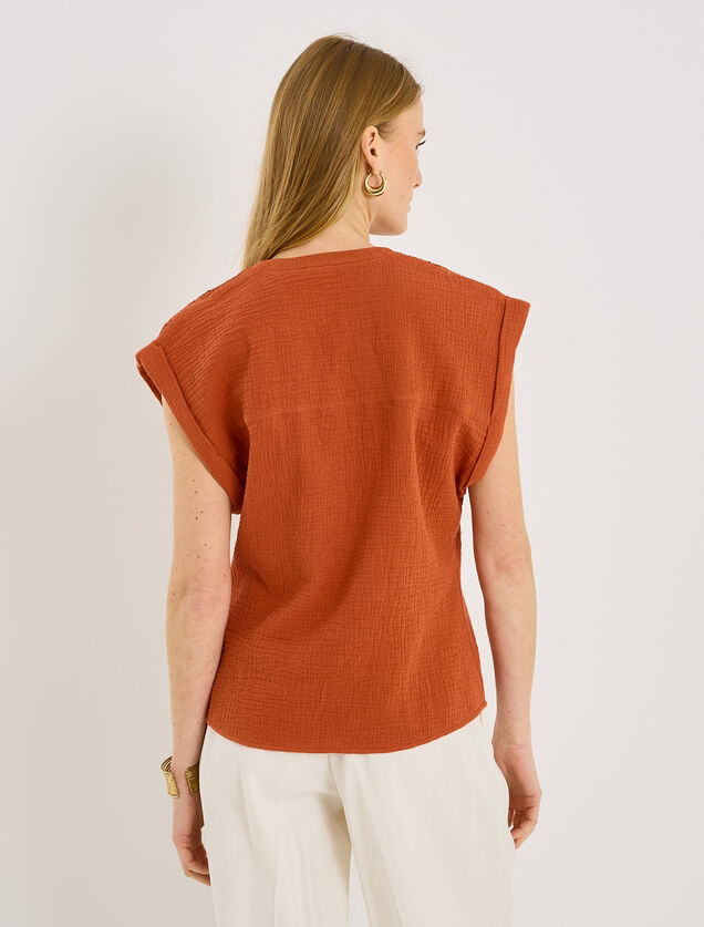 Blouse en gaze de coton &agrave; col V femme
