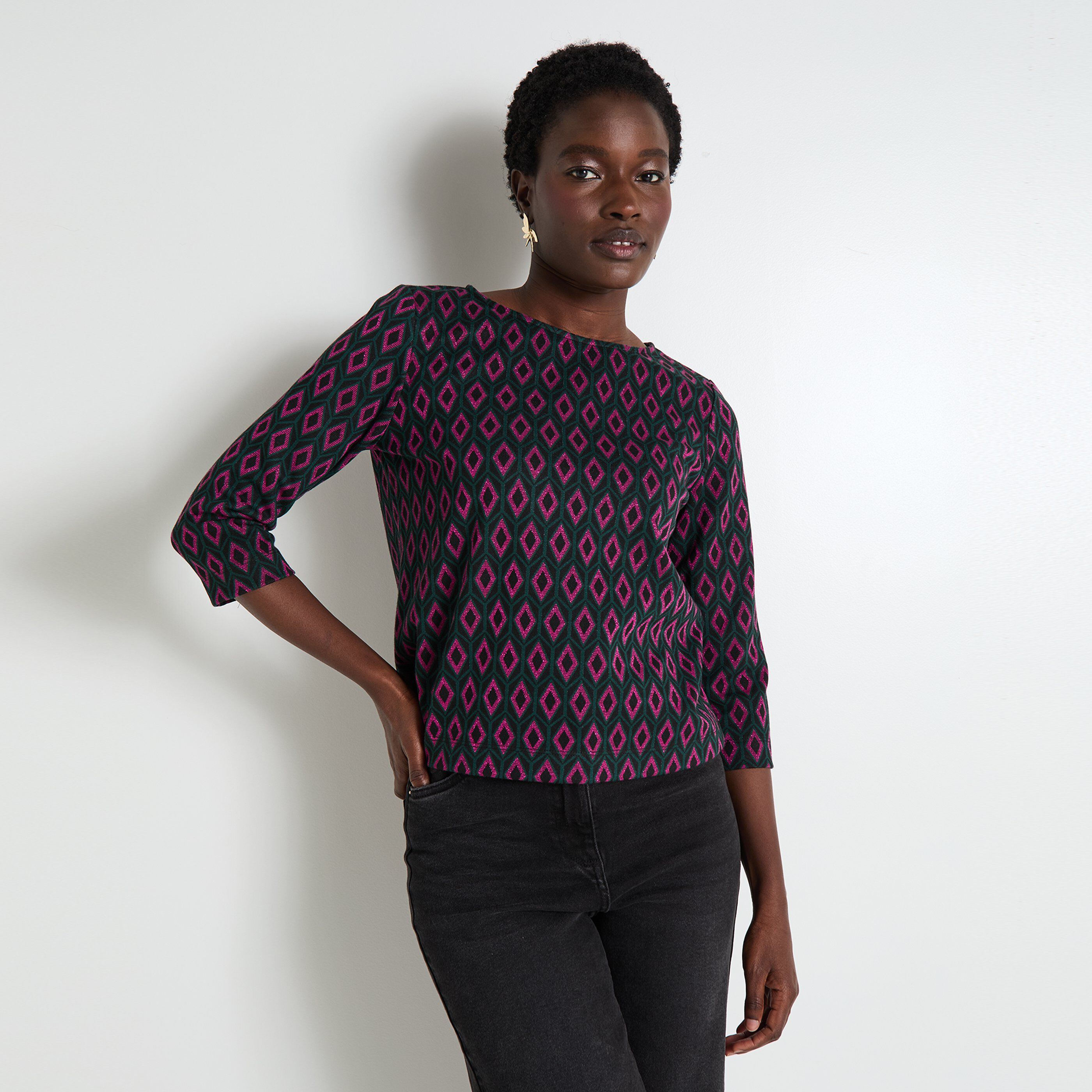 T-shirt jacquard manches 3/4 femme